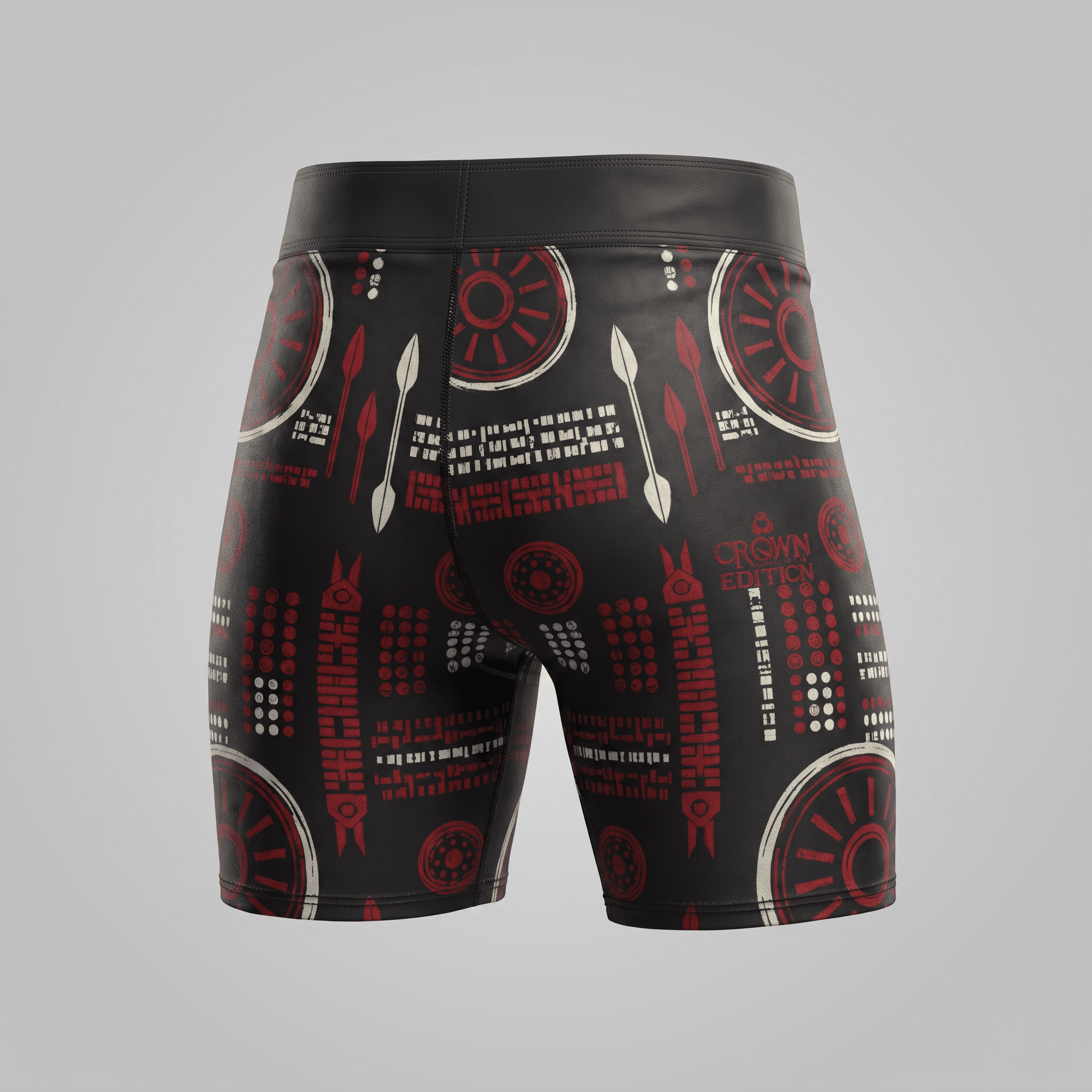 Black and red athletic boxer briefs with tribal shield, spear, and geometric print, back view.