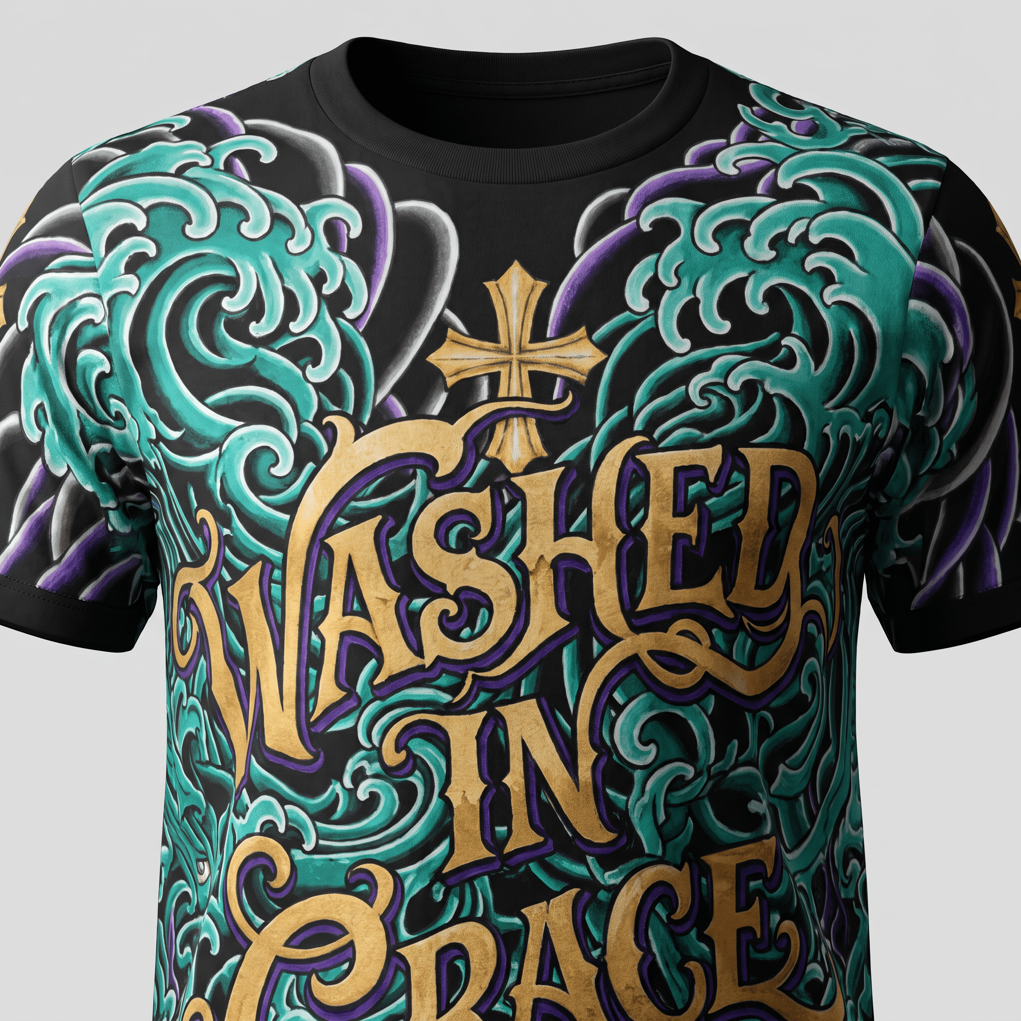 Black t-shirt featuring vibrant teal and purple Japanese waves, gold typography, and a cross.