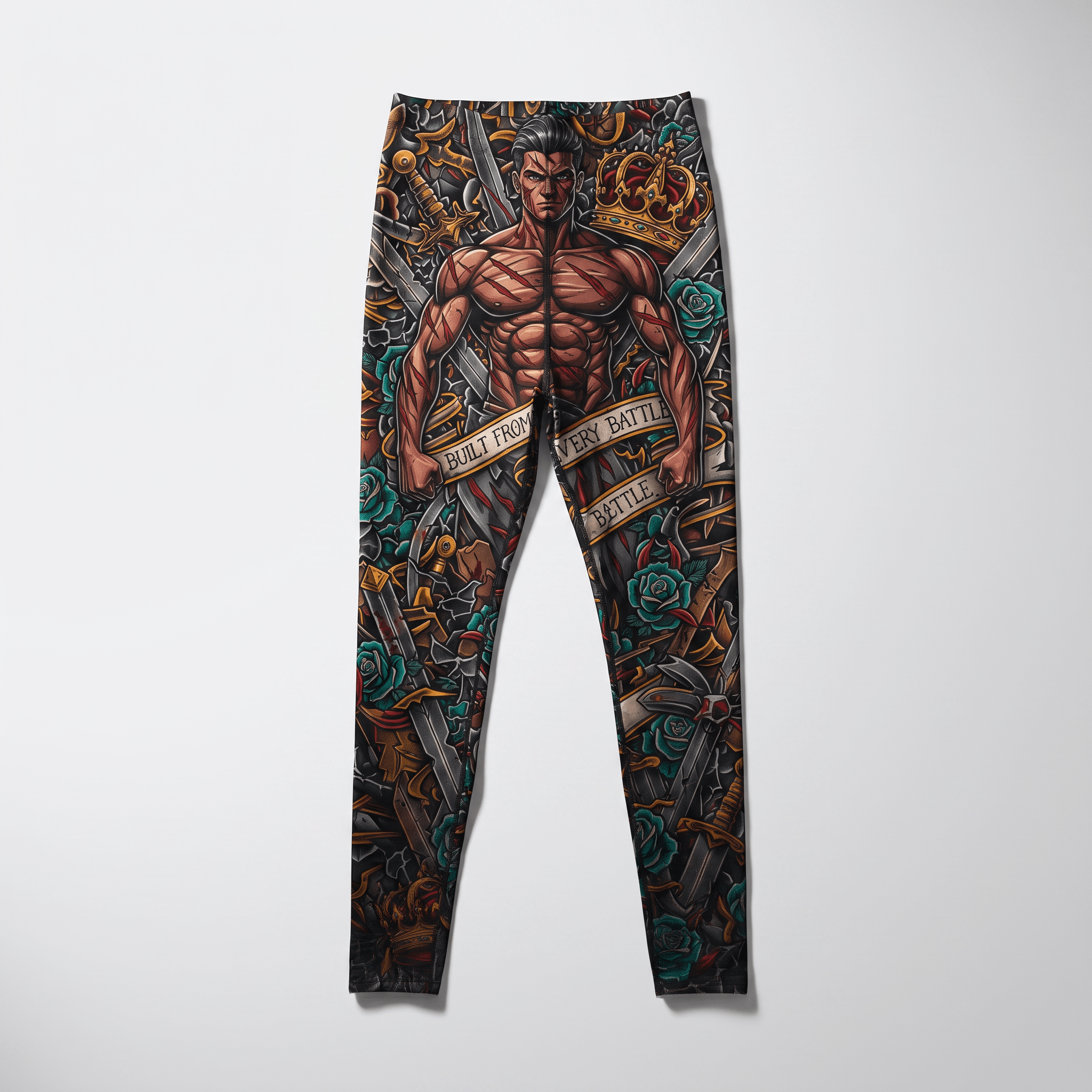 Black leggings featuring a warrior tattoo print with swords, crowns, and roses.