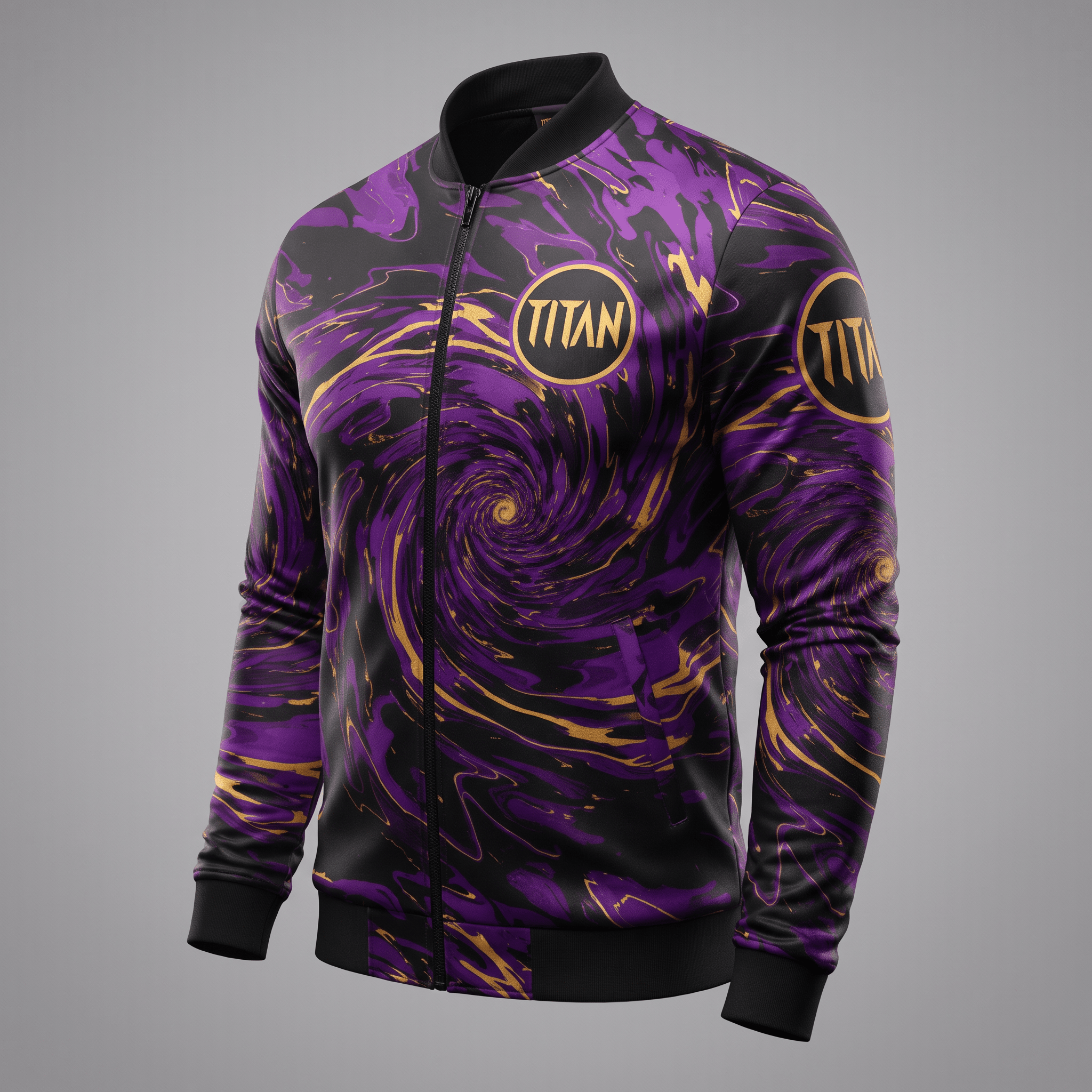 Purple and black bomber jacket with gold swirl pattern and Titan logo on chest and sleeve.