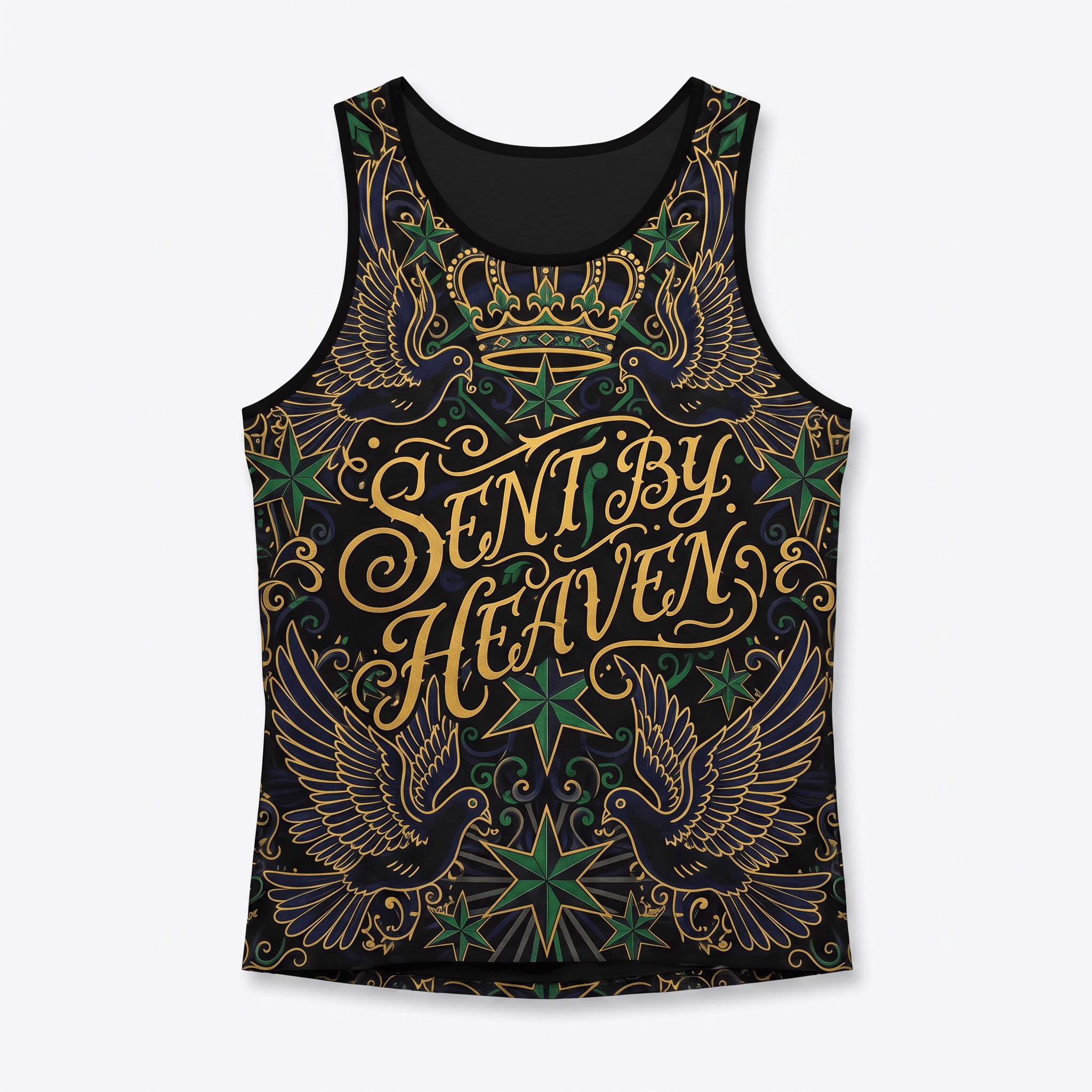 Black tank top featuring a gold and green tattoo-style design with doves, stars, and the text Sent By Heaven.