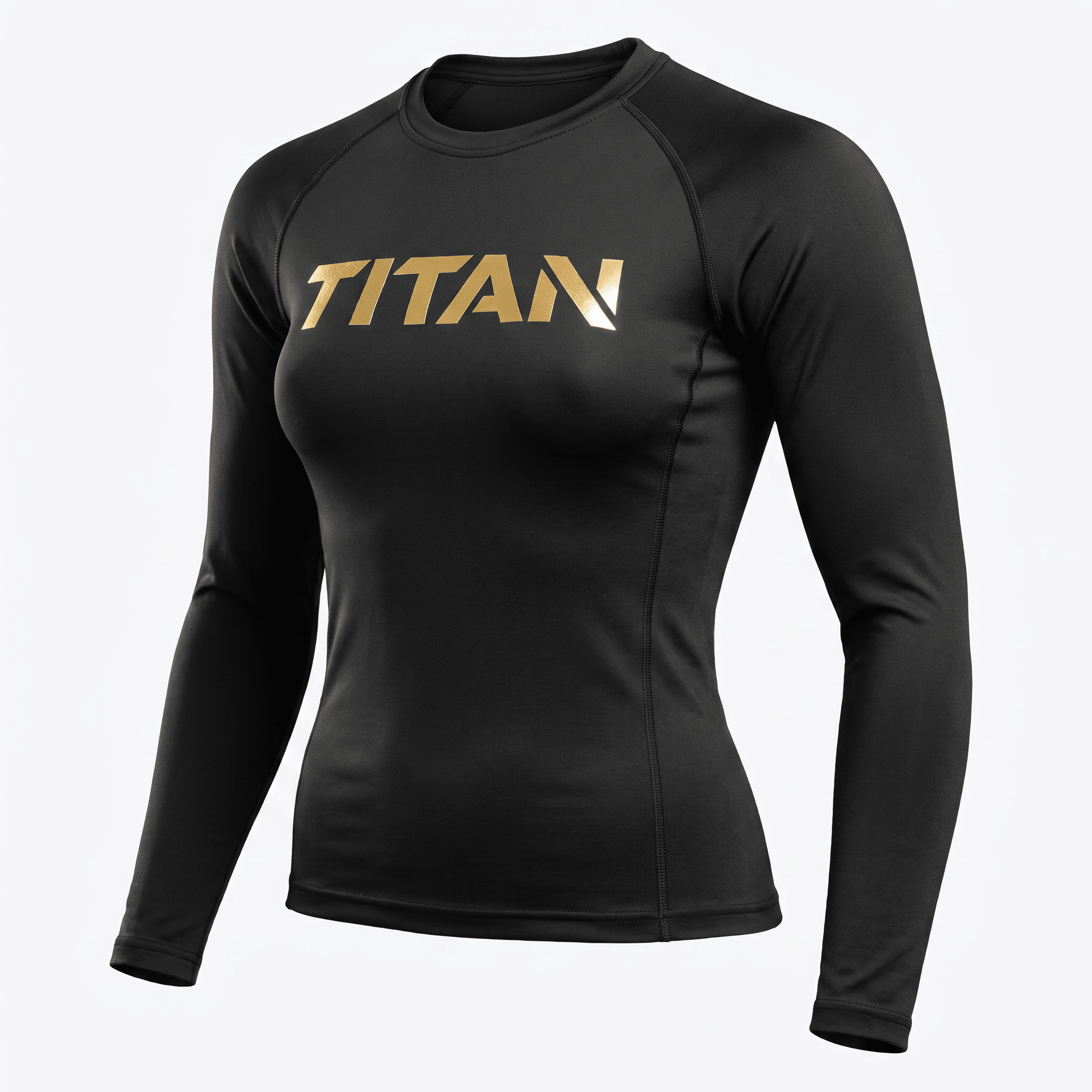 Black women's long-sleeve rash guard with gold Titan logo on the chest.