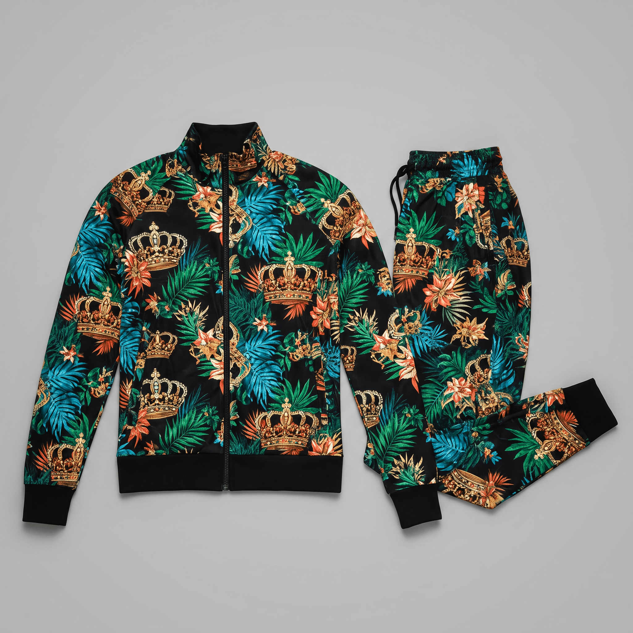 Black track jacket and joggers set featuring a gold crown and tropical floral print.