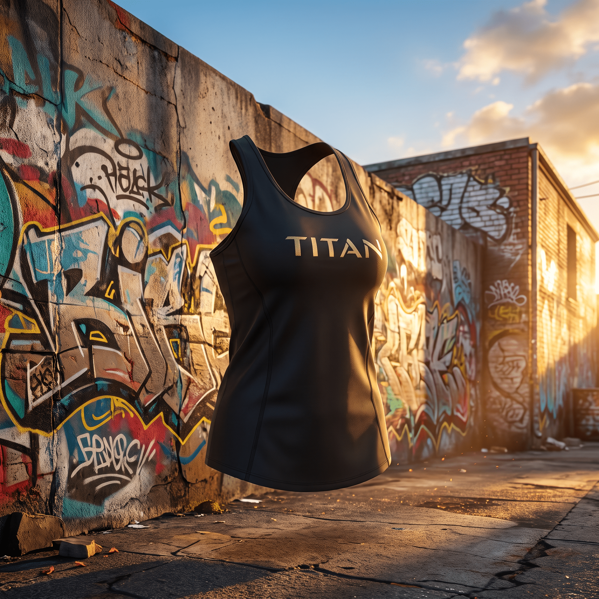 Black athletic tank top with gold "TITAN" branding, floating in front of a graffiti-covered wall at sunset.