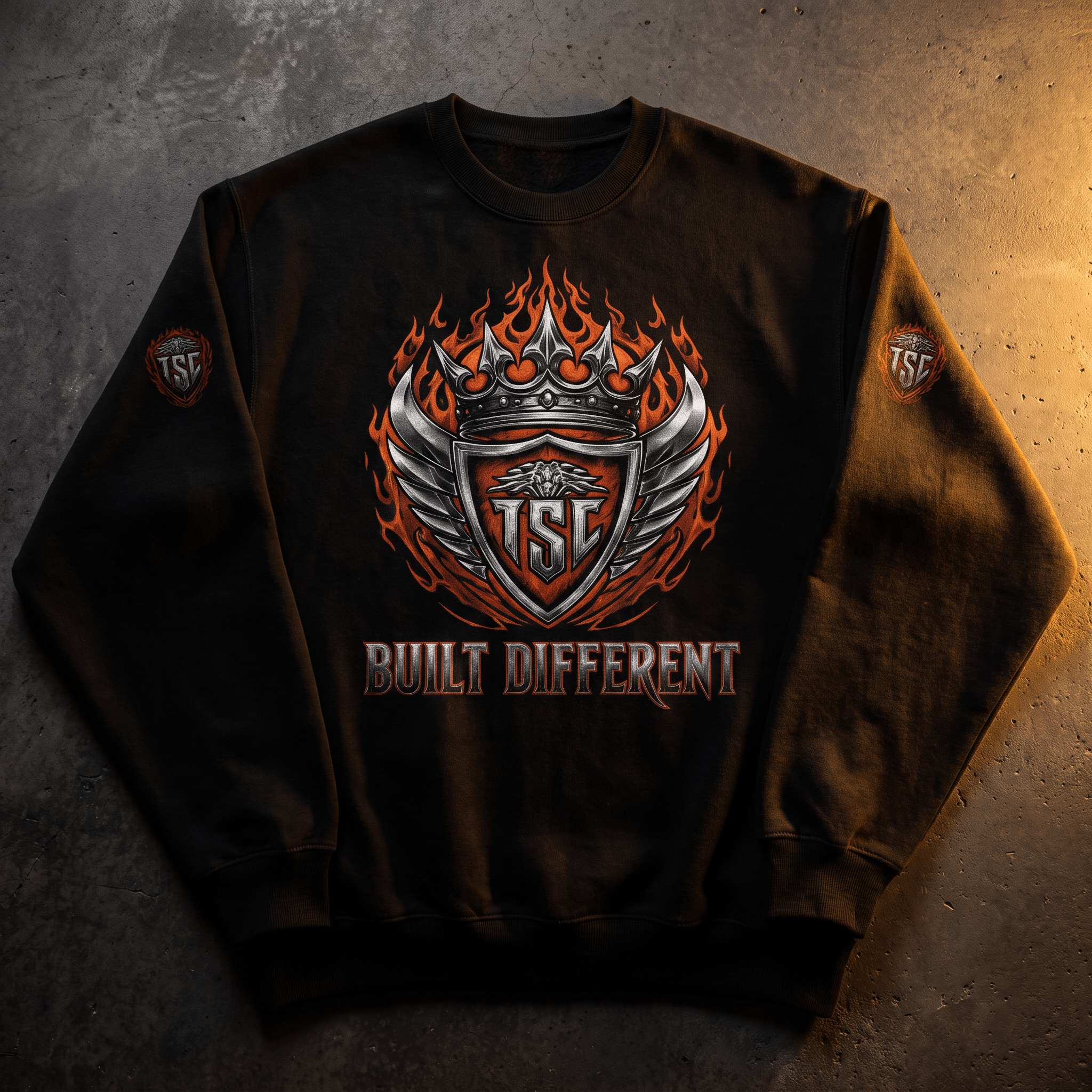 Generated lifestyle image for "Built Different" Heavyweight Crewneck — Warrior Flame Crown