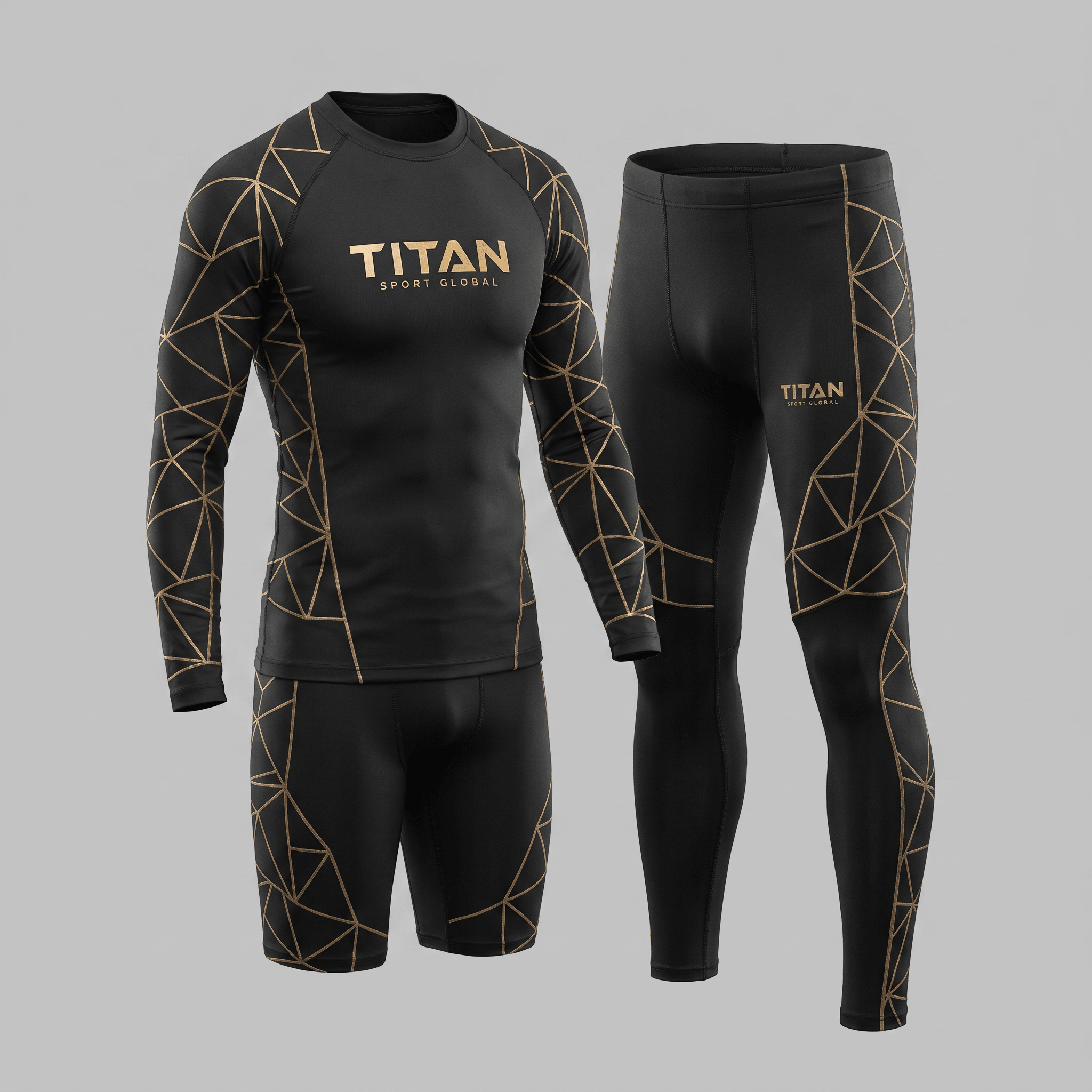 Black and gold Titan Sport Global compression set with rash guard, shorts, and leggings featuring geometric gold lines.