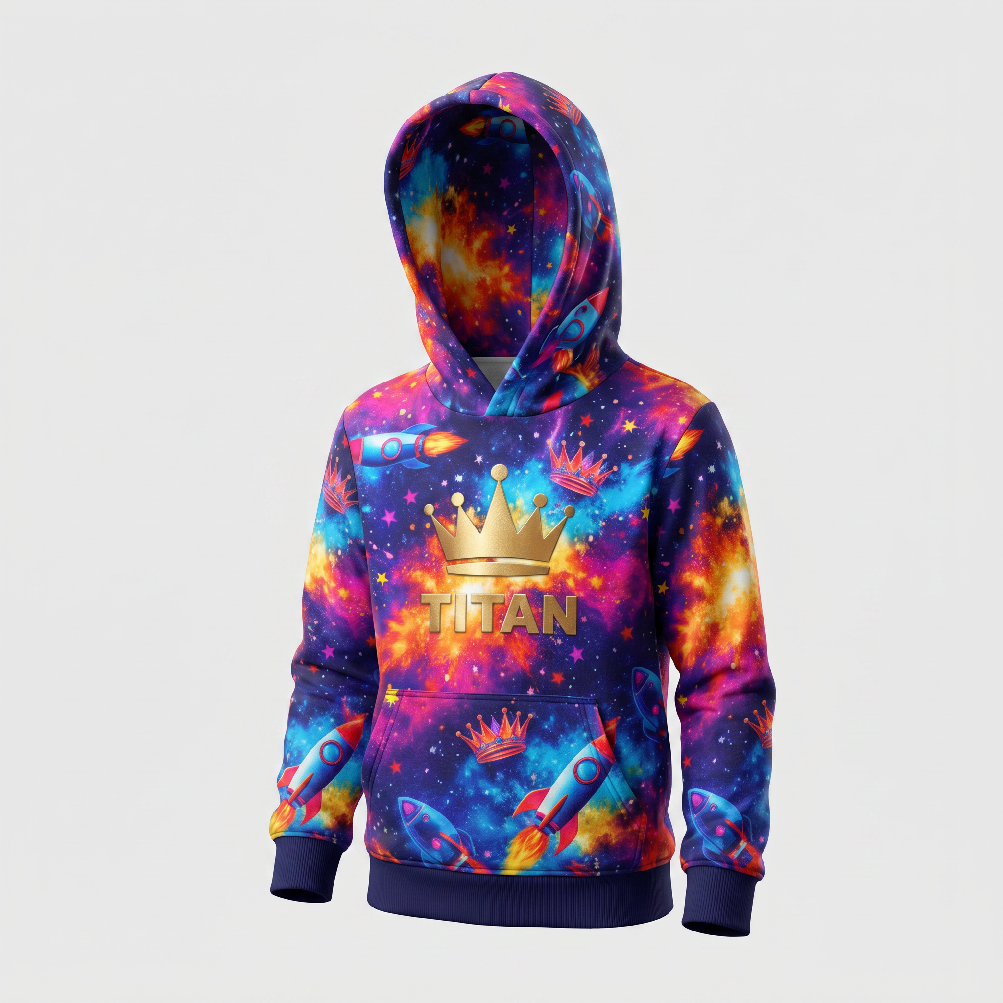 Blue and pink galaxy print hoodie featuring rockets, crowns, and the name Titan in gold on the front.