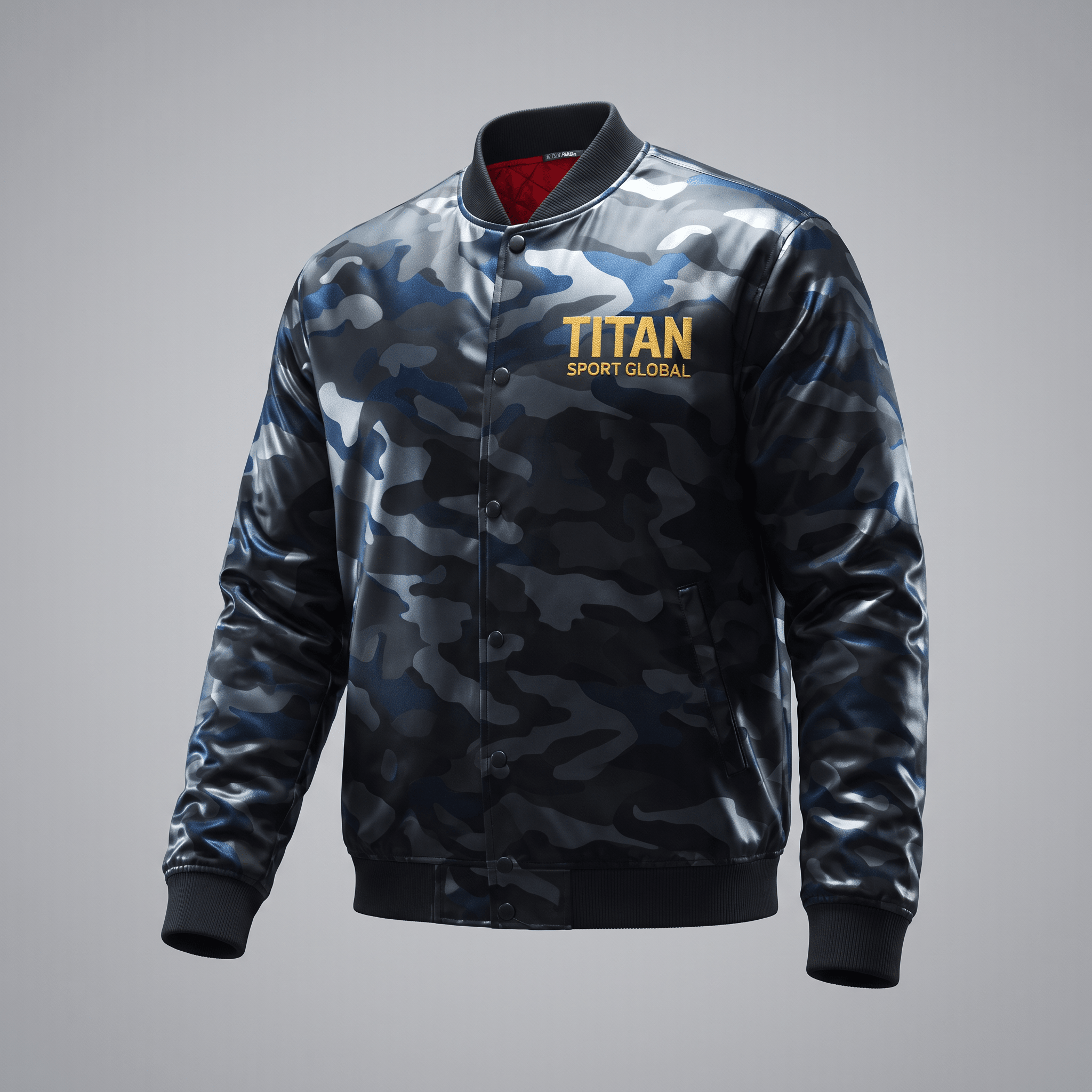 Blue camouflage satin bomber jacket with snap buttons, ribbed collar, and gold Titan Sport Global chest logo.