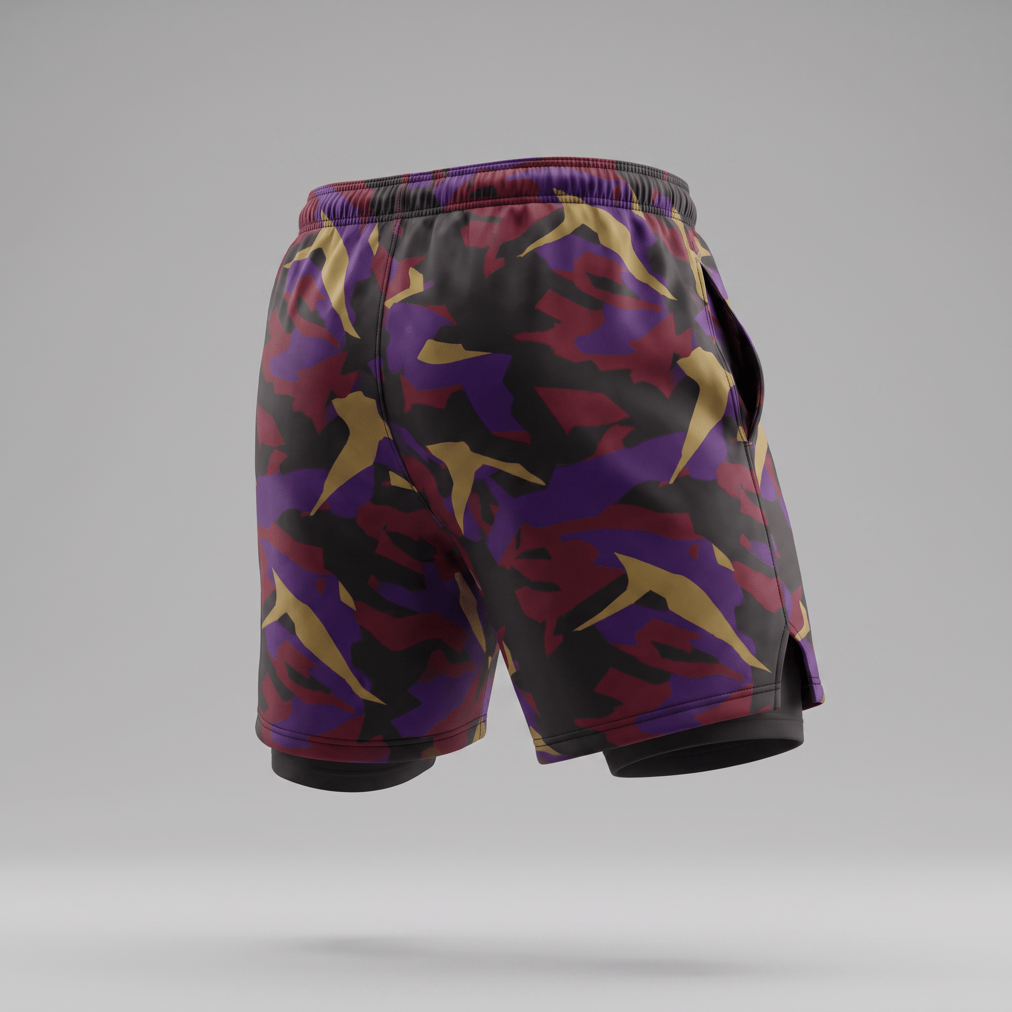 Back view of athletic shorts in purple, maroon, and gold camo with a black liner on a grey background.