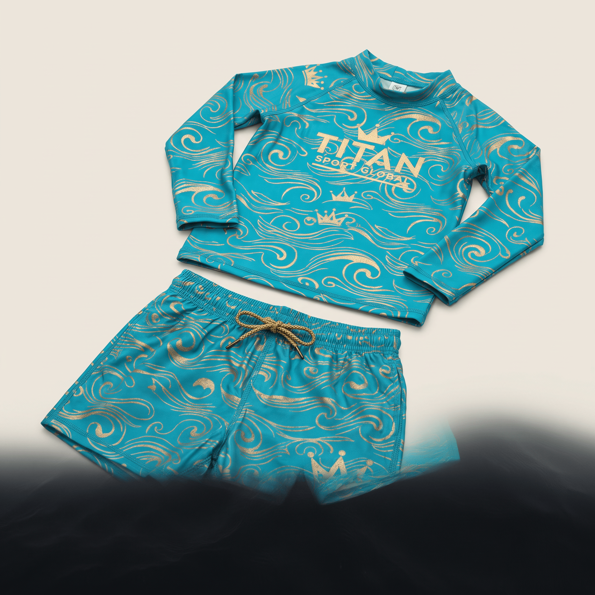 Teal rash guard and matching swim trunks with gold swirled wave pattern and Titan branding.