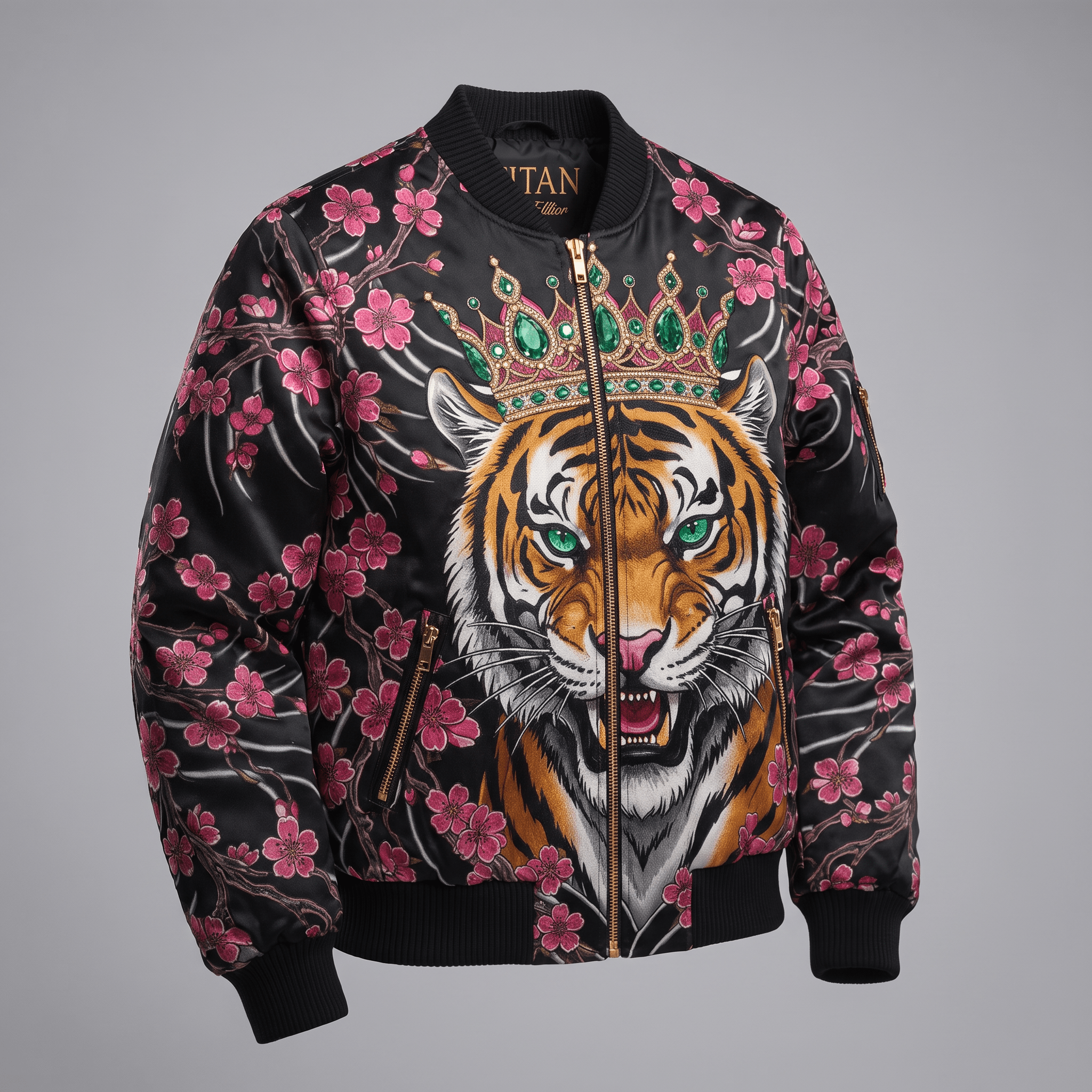 Black satin bomber jacket featuring pink cherry blossoms and a crowned tiger graphic.