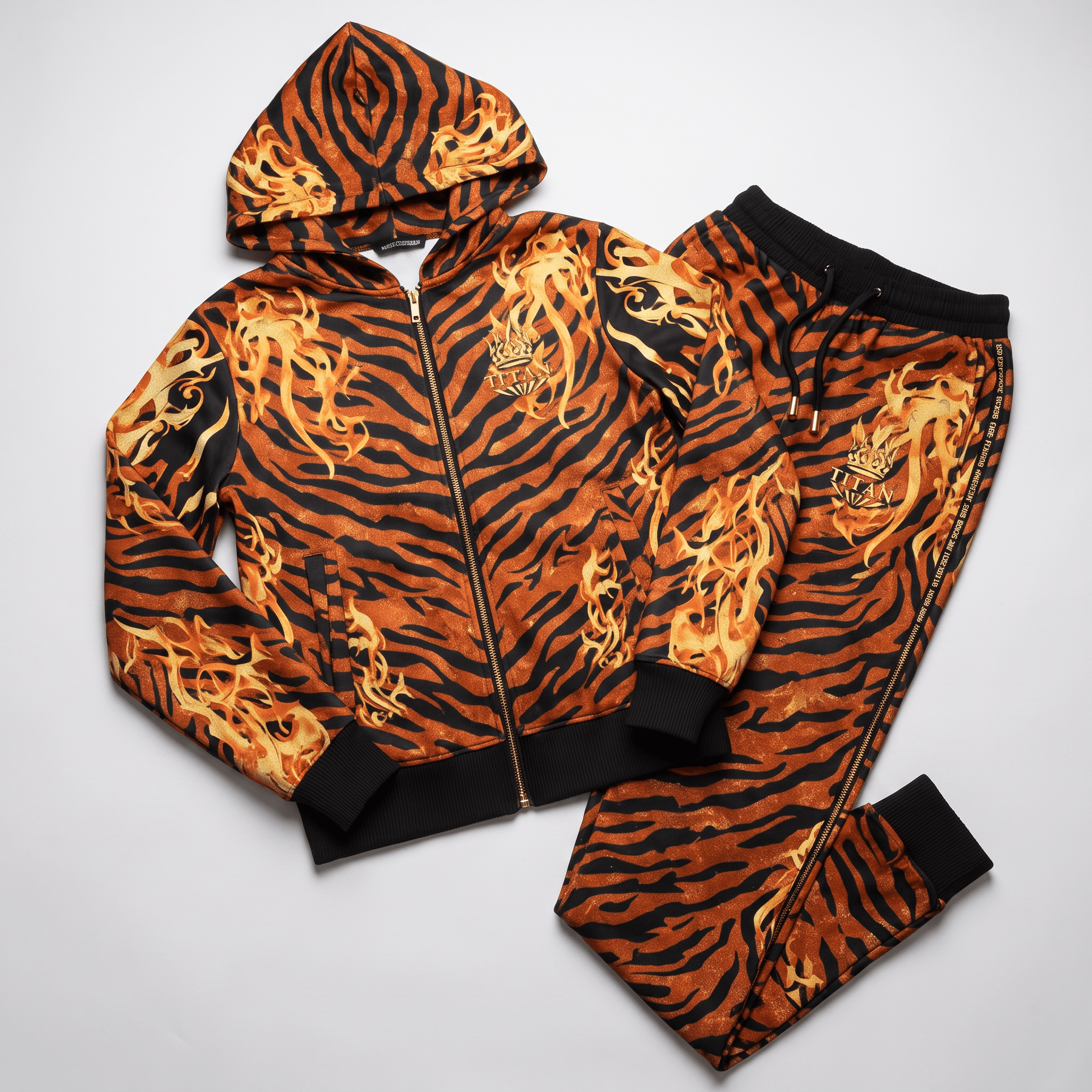 Orange and black tiger stripe zip hoodie and sweatpants set with gold flame graphics and Titan crown logo.