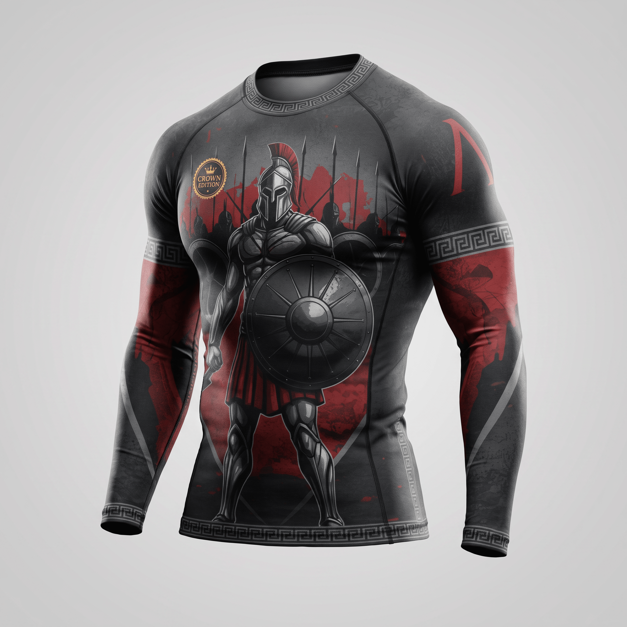 Grey and red long-sleeve compression rash guard featuring a Spartan warrior graphic with a shield and spears.