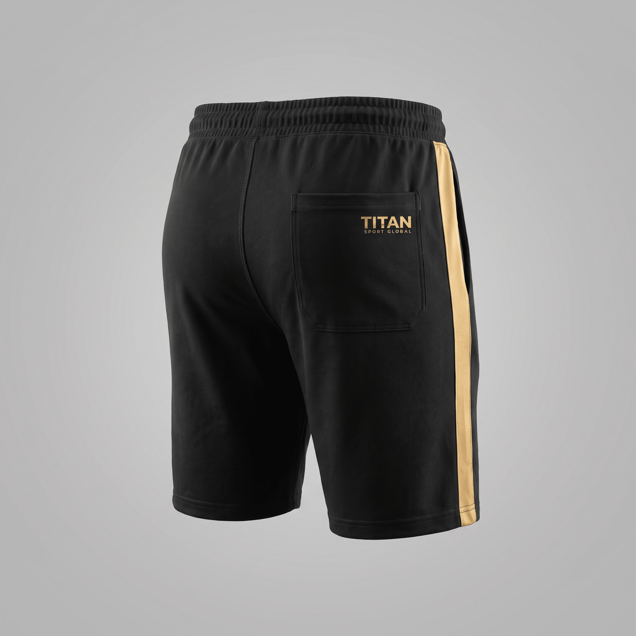 Back view of black athletic shorts with gold side stripes, a back pocket, and Titan Sport Global logo.