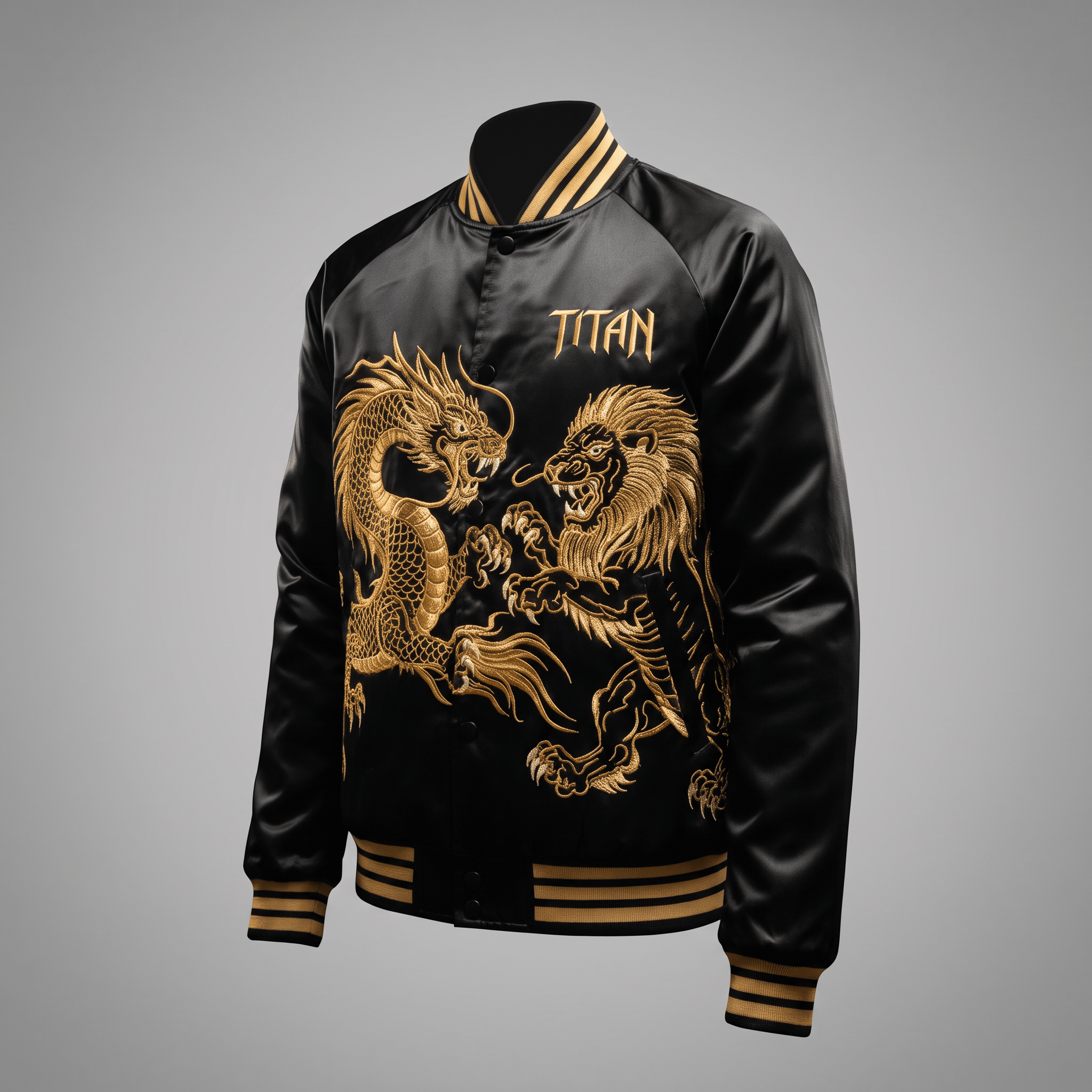 Black and gold satin bomber jacket with gold dragon and lion embroidery and Titan text.