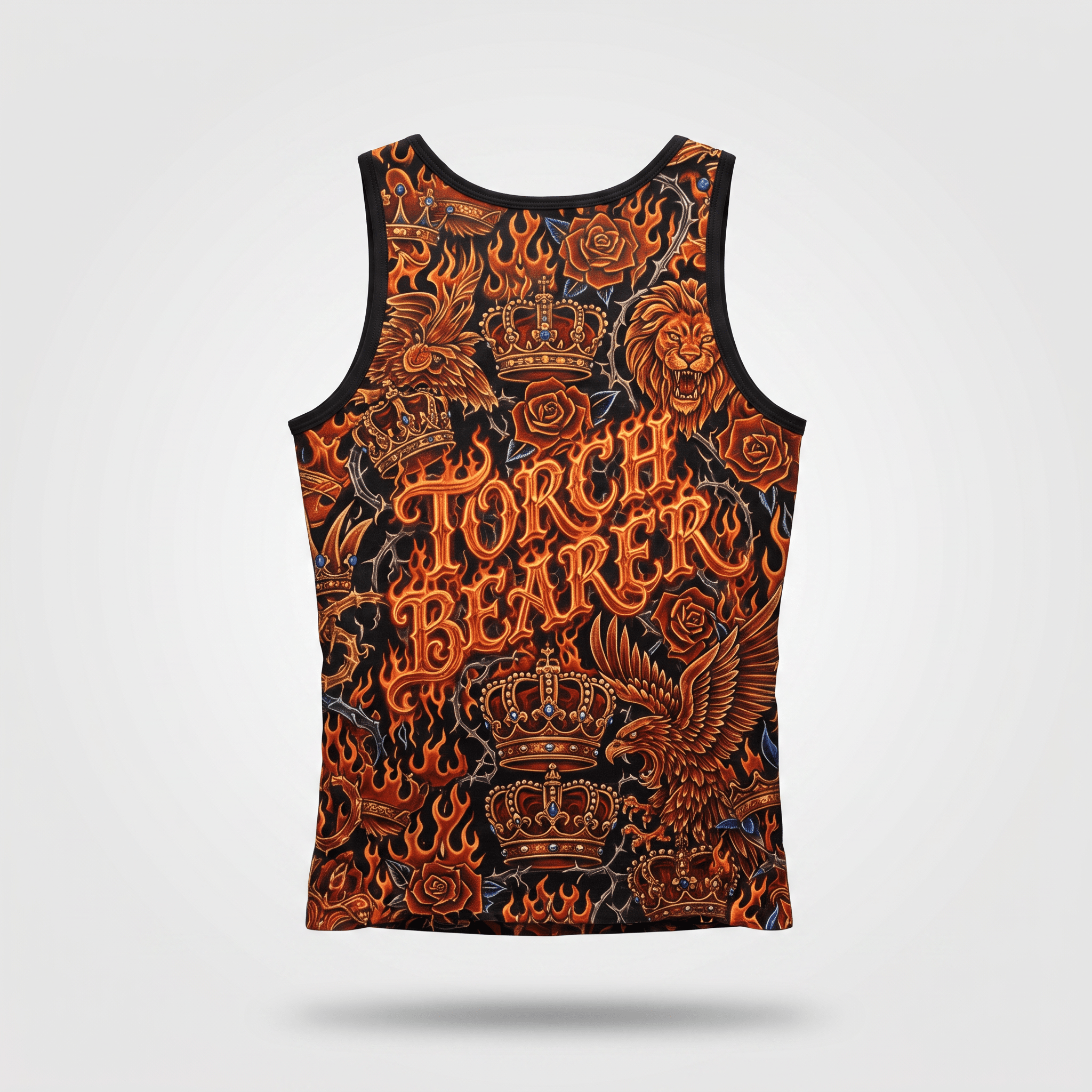 Black Torch Bearer tank top with orange fiery graphics, crowns, lions, and eagles on the back.