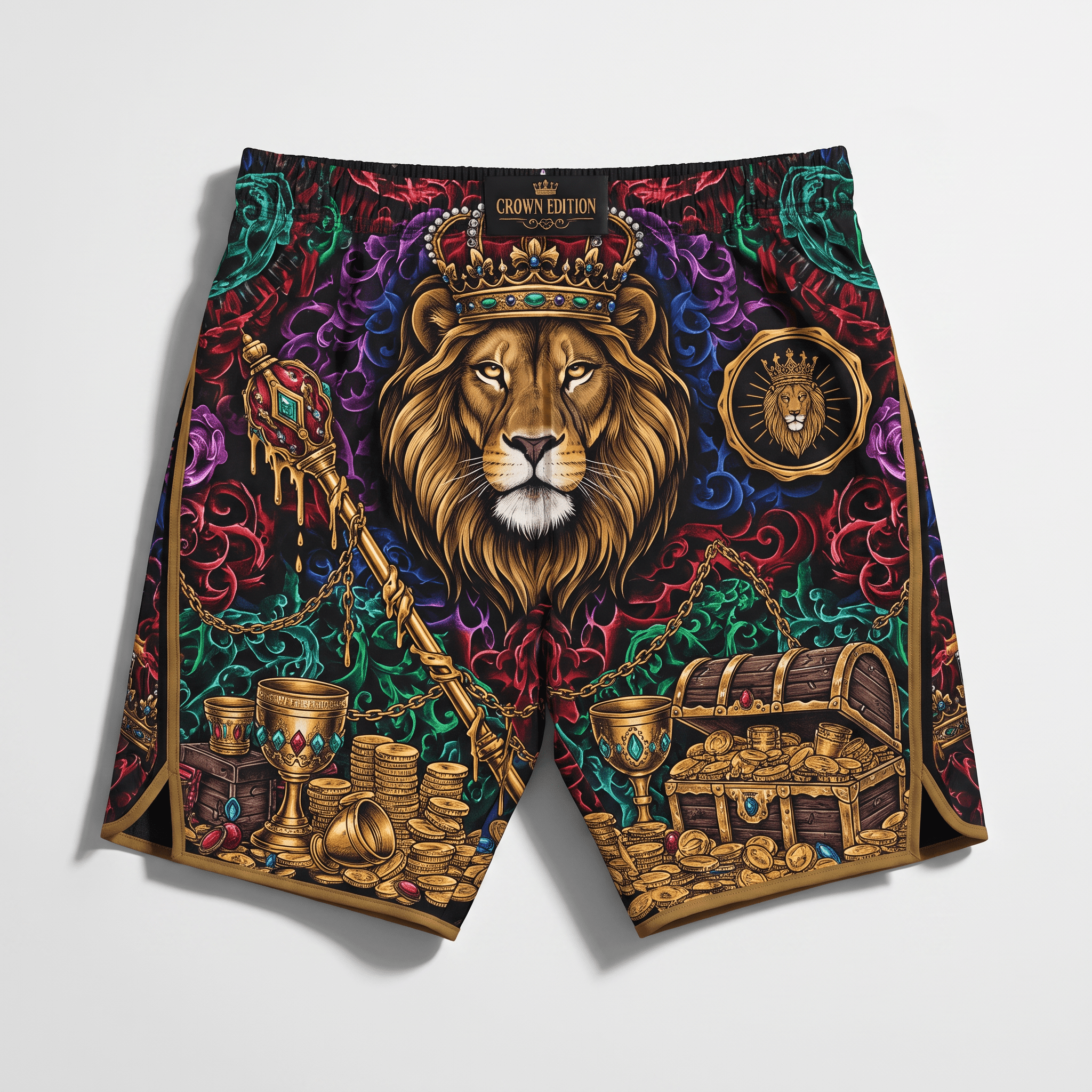 Black athletic shorts featuring a crowned lion, treasure chest, gold coins, and colorful ornate baroque patterns.