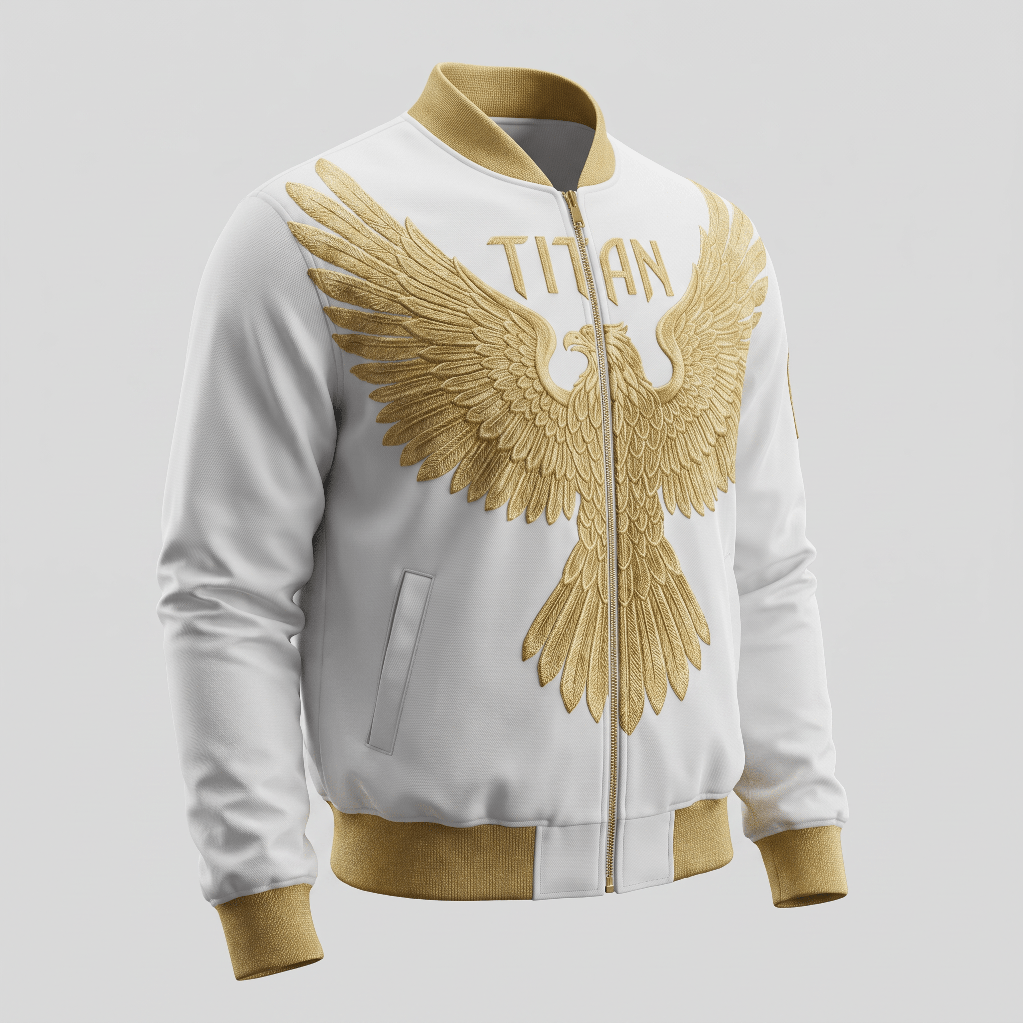 White and gold bomber jacket with large embroidered eagle graphic and Titan text on chest.
