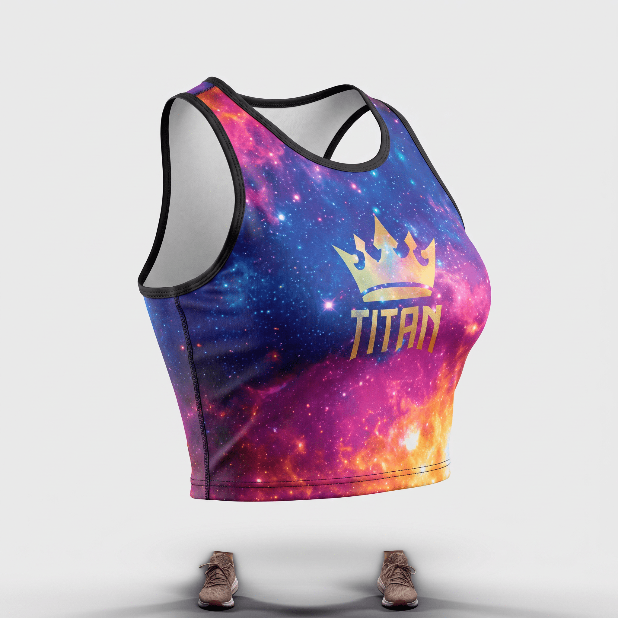 Galaxy print crop top with black trim and gold crown Titan logo on the front.
