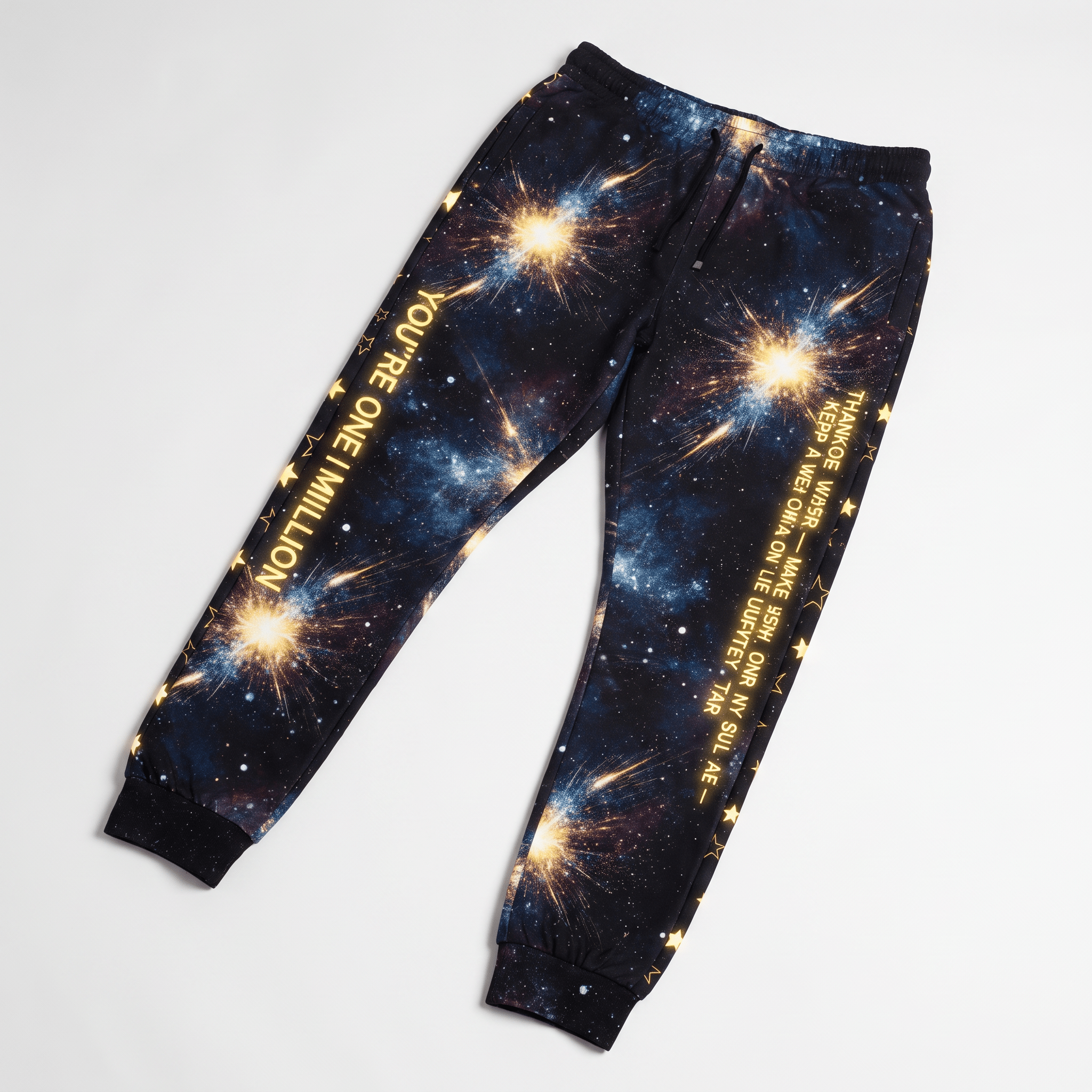 Black space-print joggers featuring exploding star graphics and text down the legs on a white background