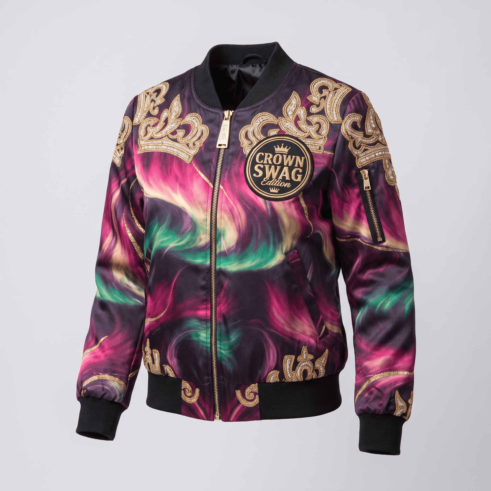 Crown Swag Edition bomber jacket in purple, green, and gold with abstract print and gold embroidery.