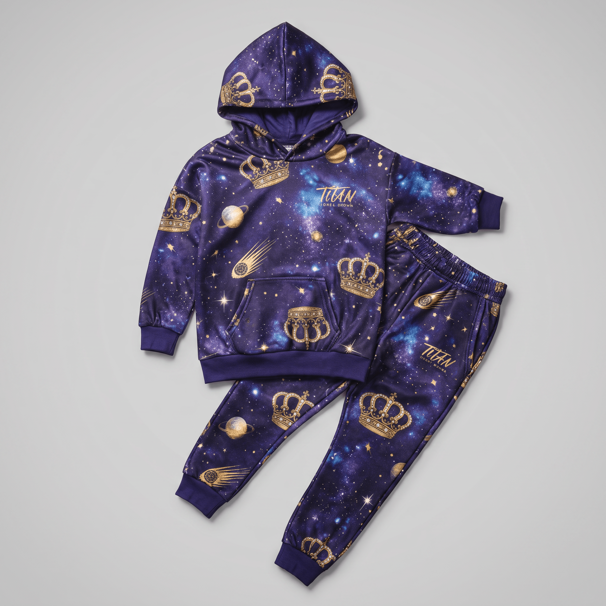 Purple galaxy print hoodie and joggers set with gold crowns, planets, and comets.