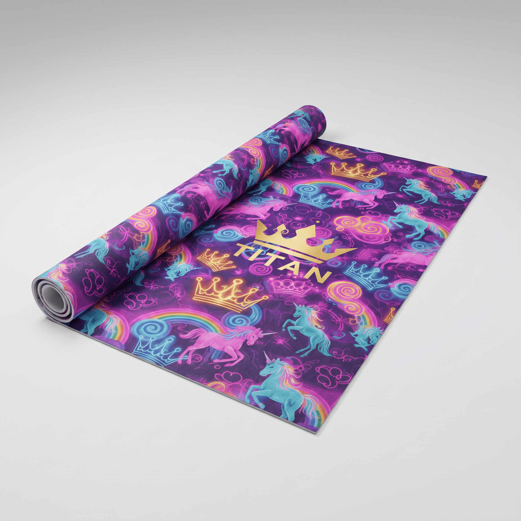 Purple yoga mat featuring a colorful unicorn and crown pattern with the name Titan in gold.