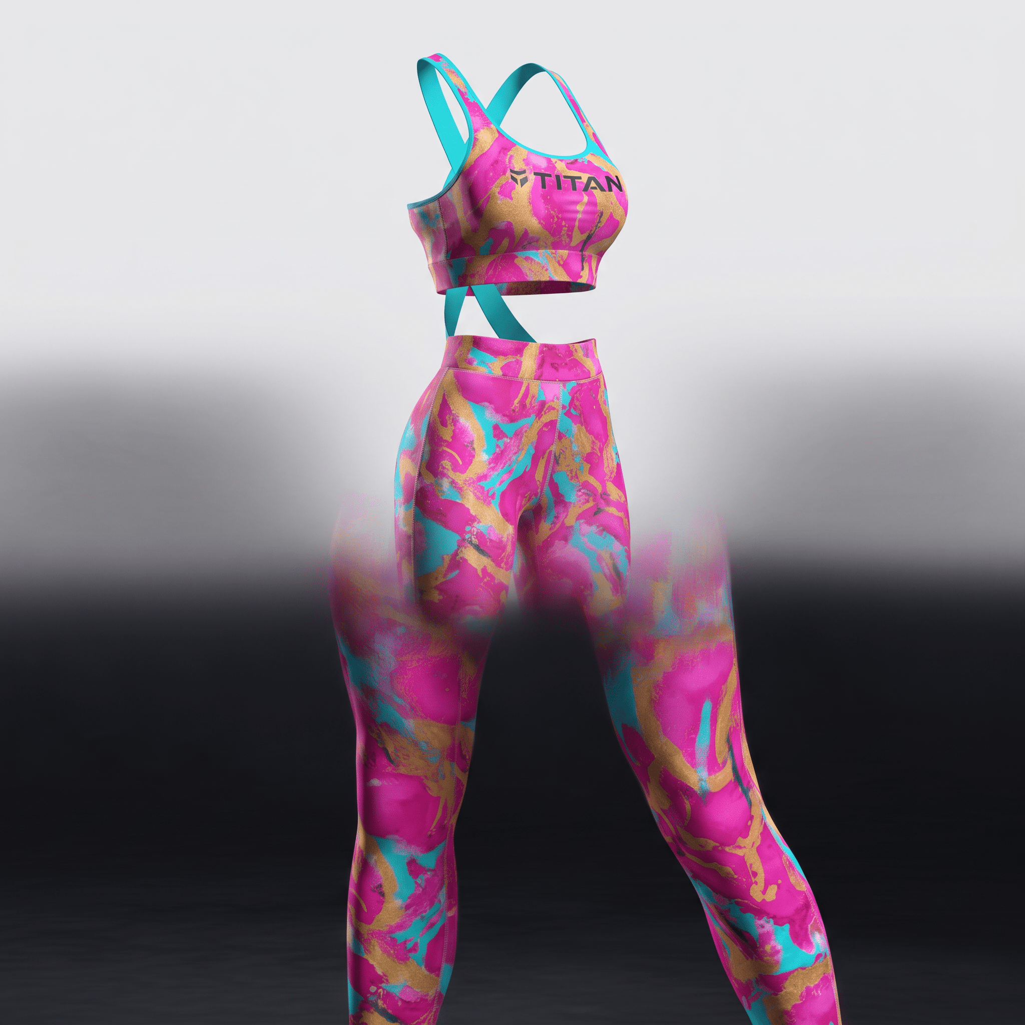 Pink and blue abstract print sports bra and matching high-waisted workout leggings by Titan.