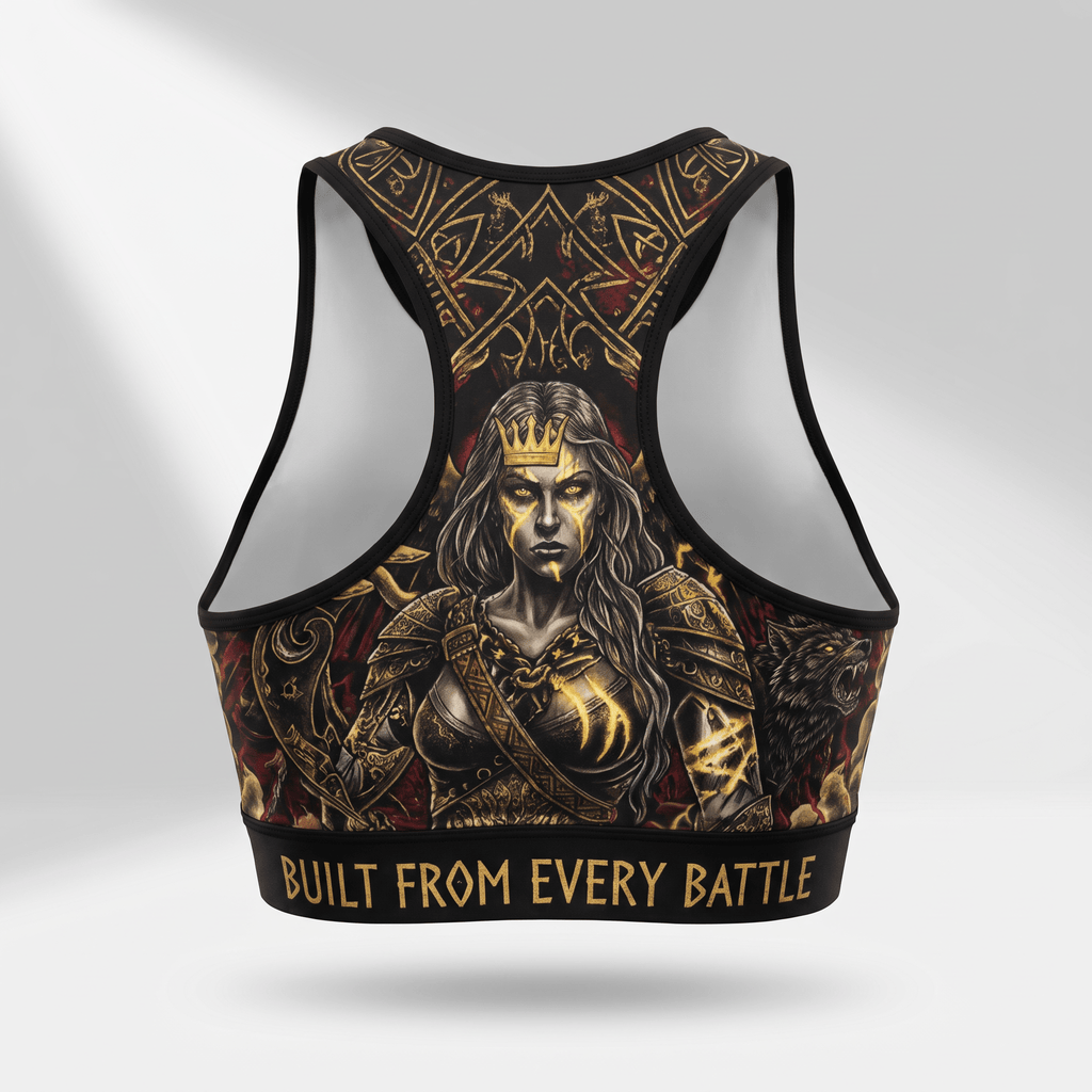 Black sports bra featuring a warrior queen graphic with gold details and Built From Every Battle text on the back.