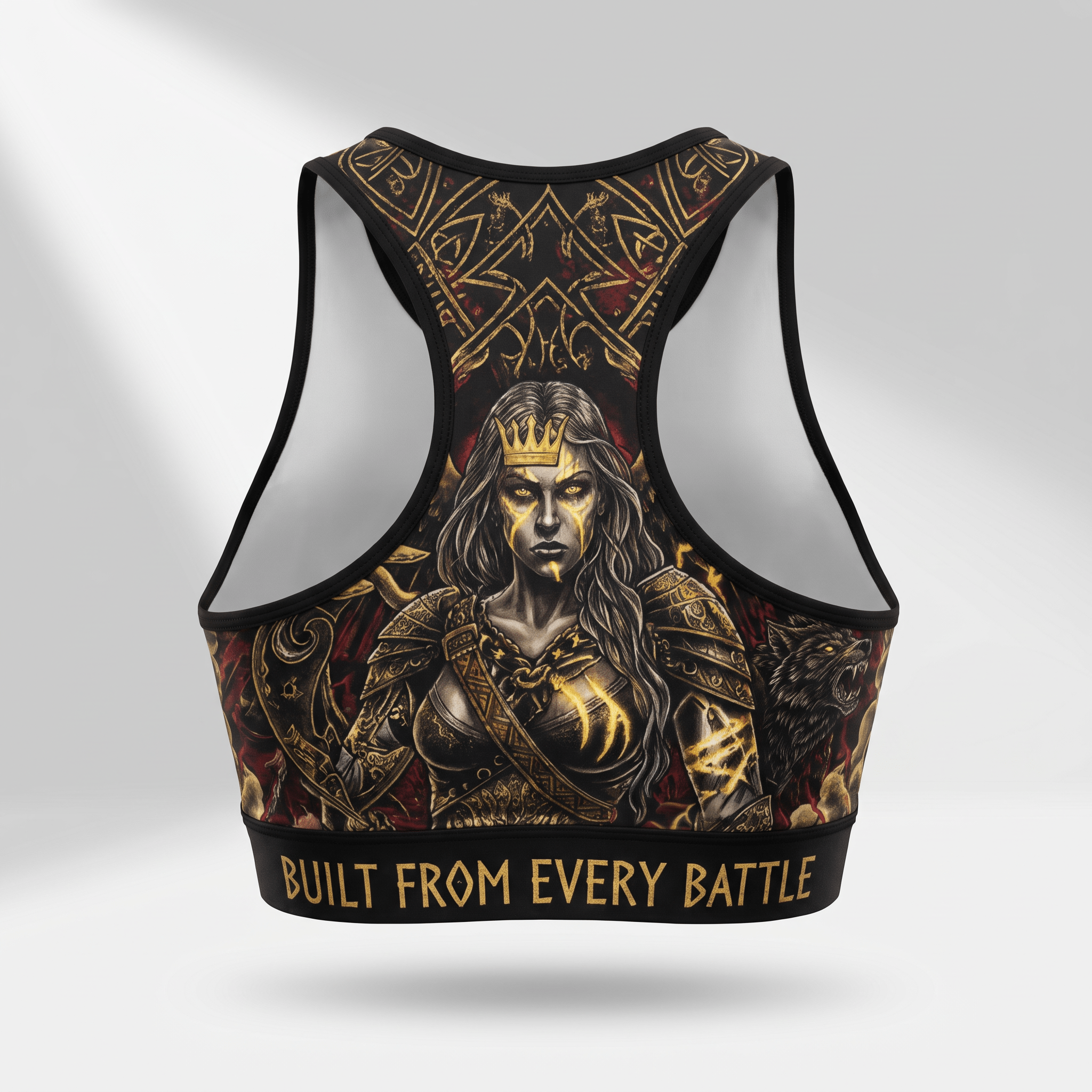 Black sports bra featuring a warrior queen graphic with gold details and Built From Every Battle text on the back.