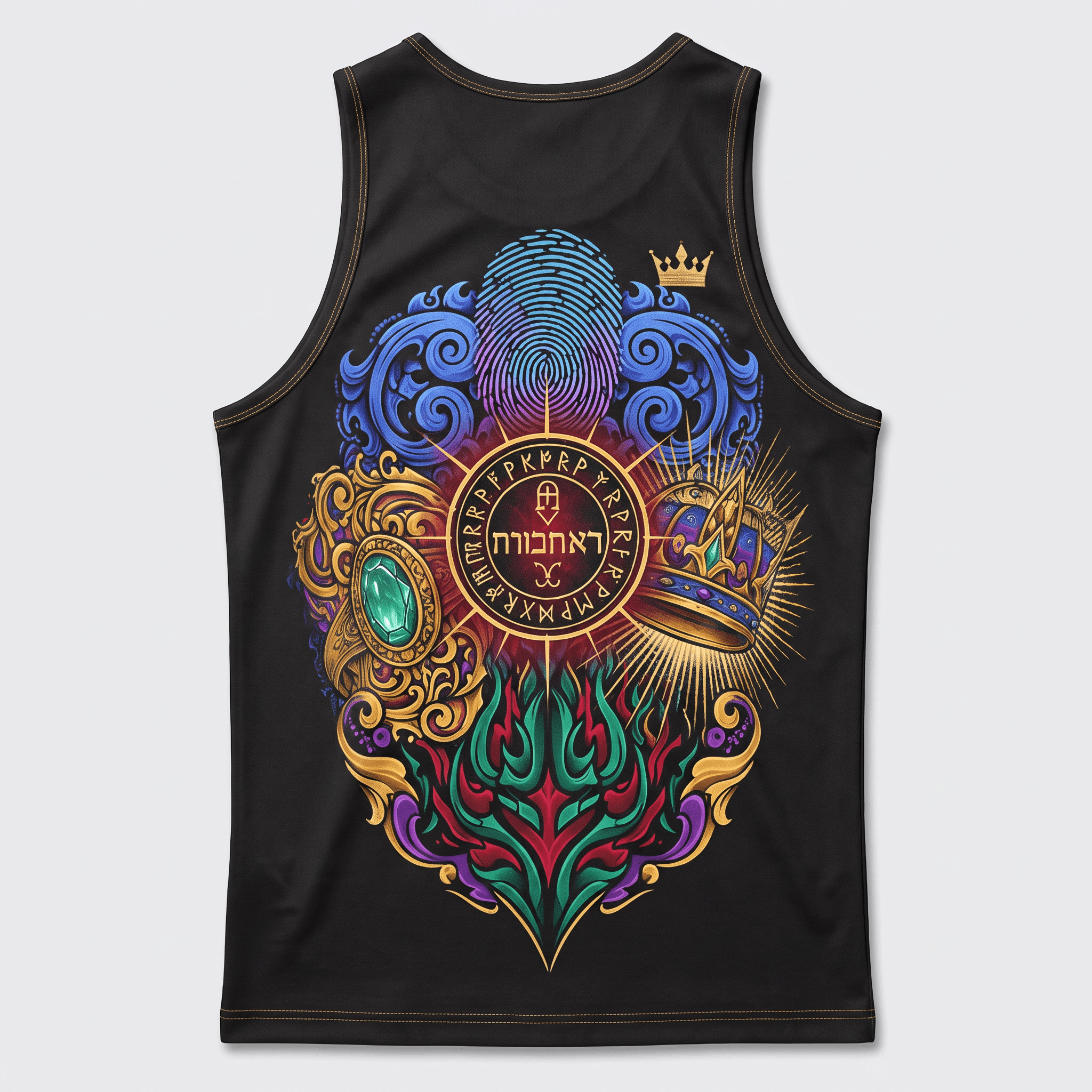 Black tank top back featuring a colorful fantasy graphic with a crown, runes, fingerprint, and gem.