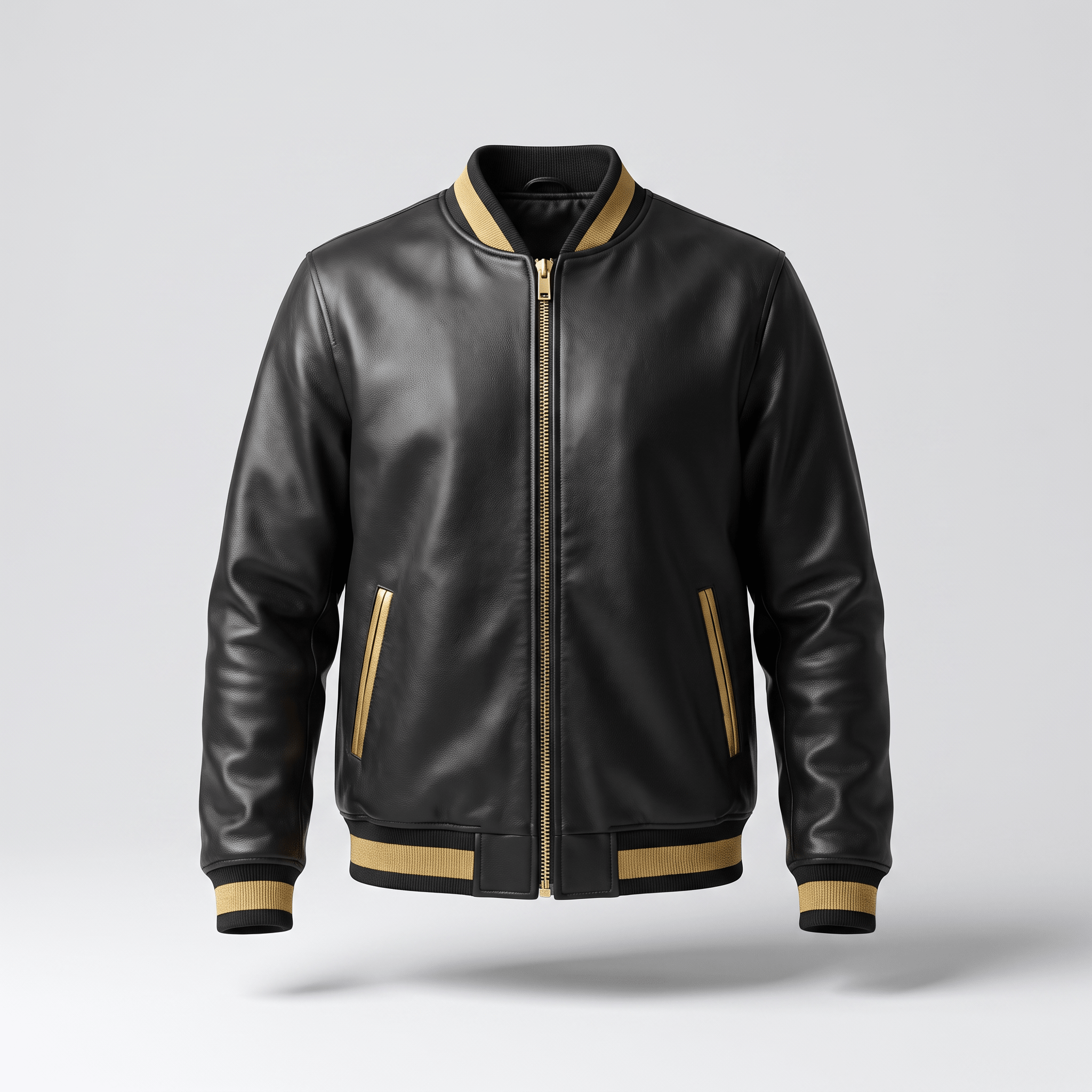 Black leather bomber jacket with gold zipper and striped rib trim on a light gray background.