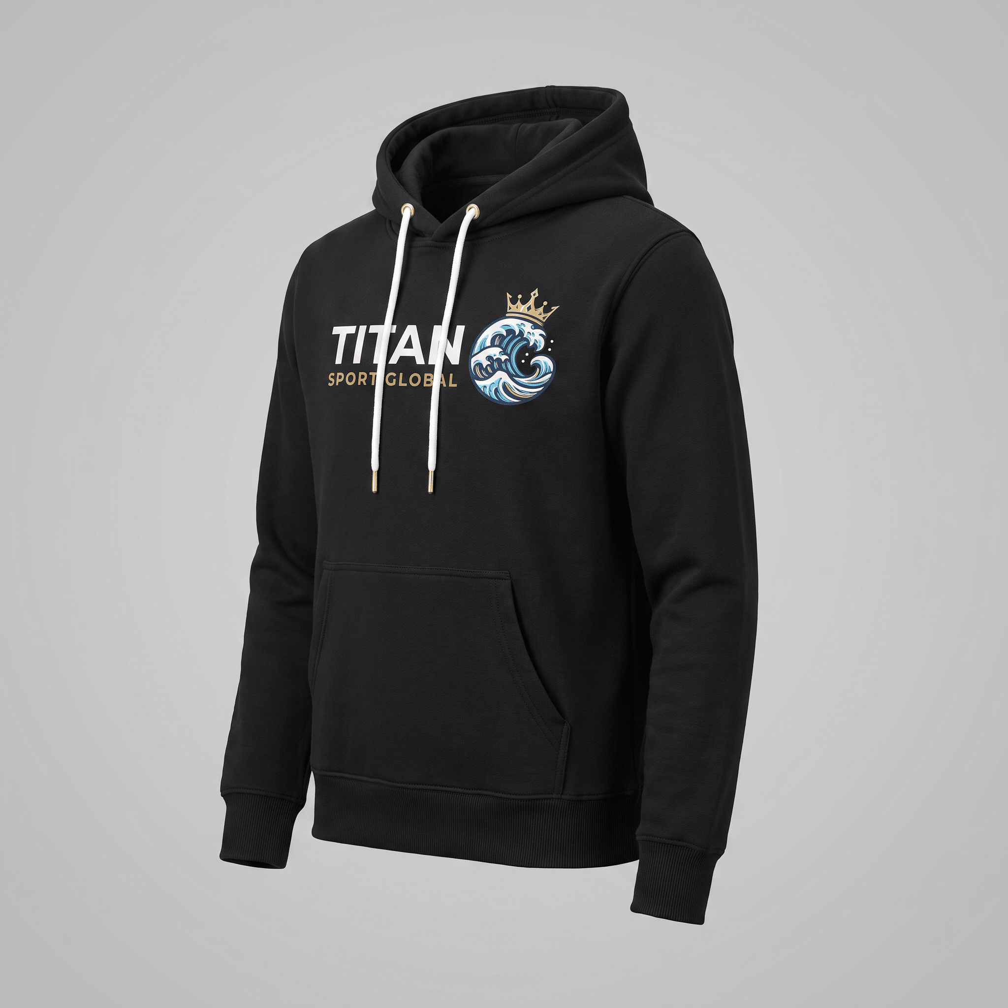 Black Titan Sport Global hoodie with white drawstrings and a blue crown wave chest graphic.