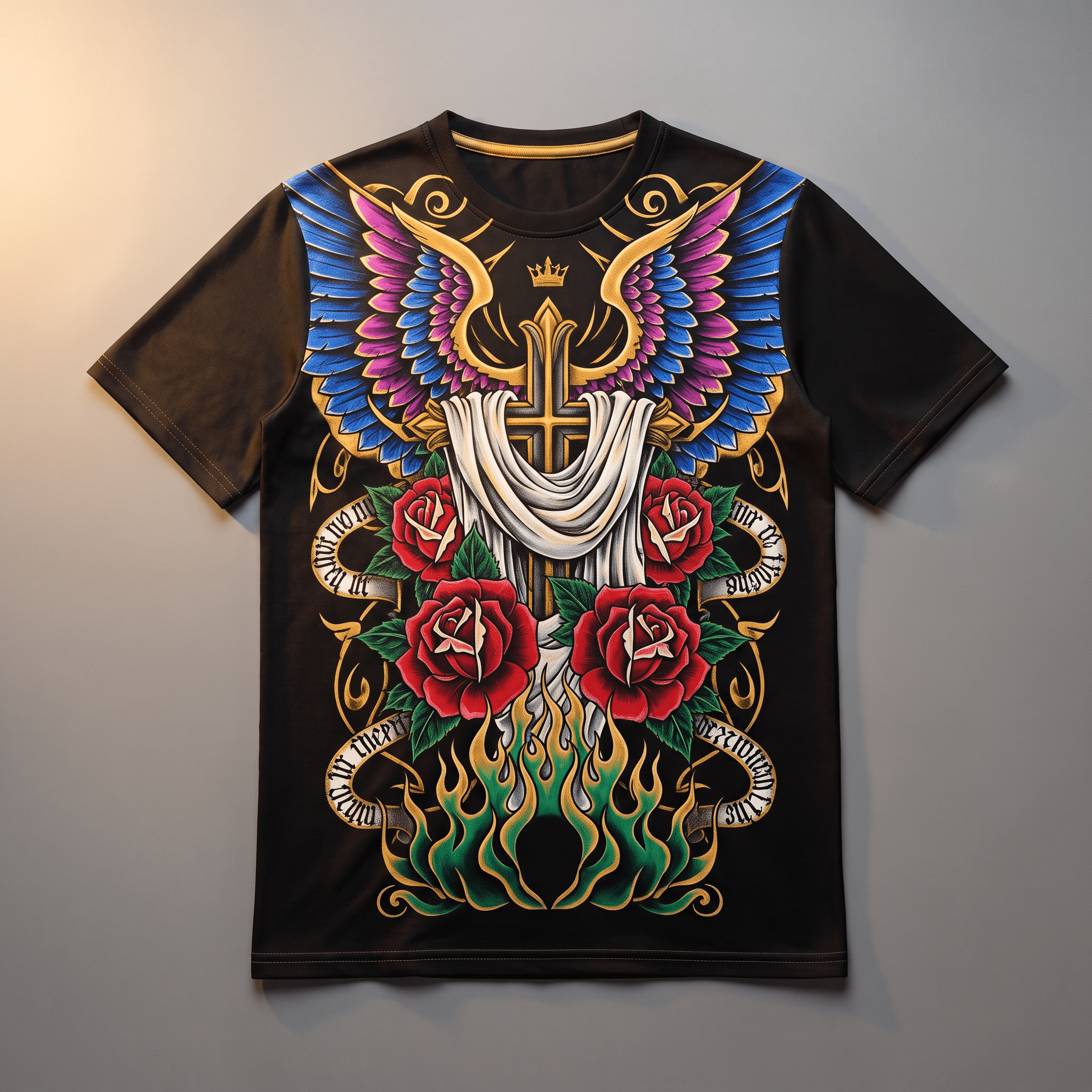 Black t-shirt featuring vibrant tattoo style graphic with wings, cross, roses, and green flames.