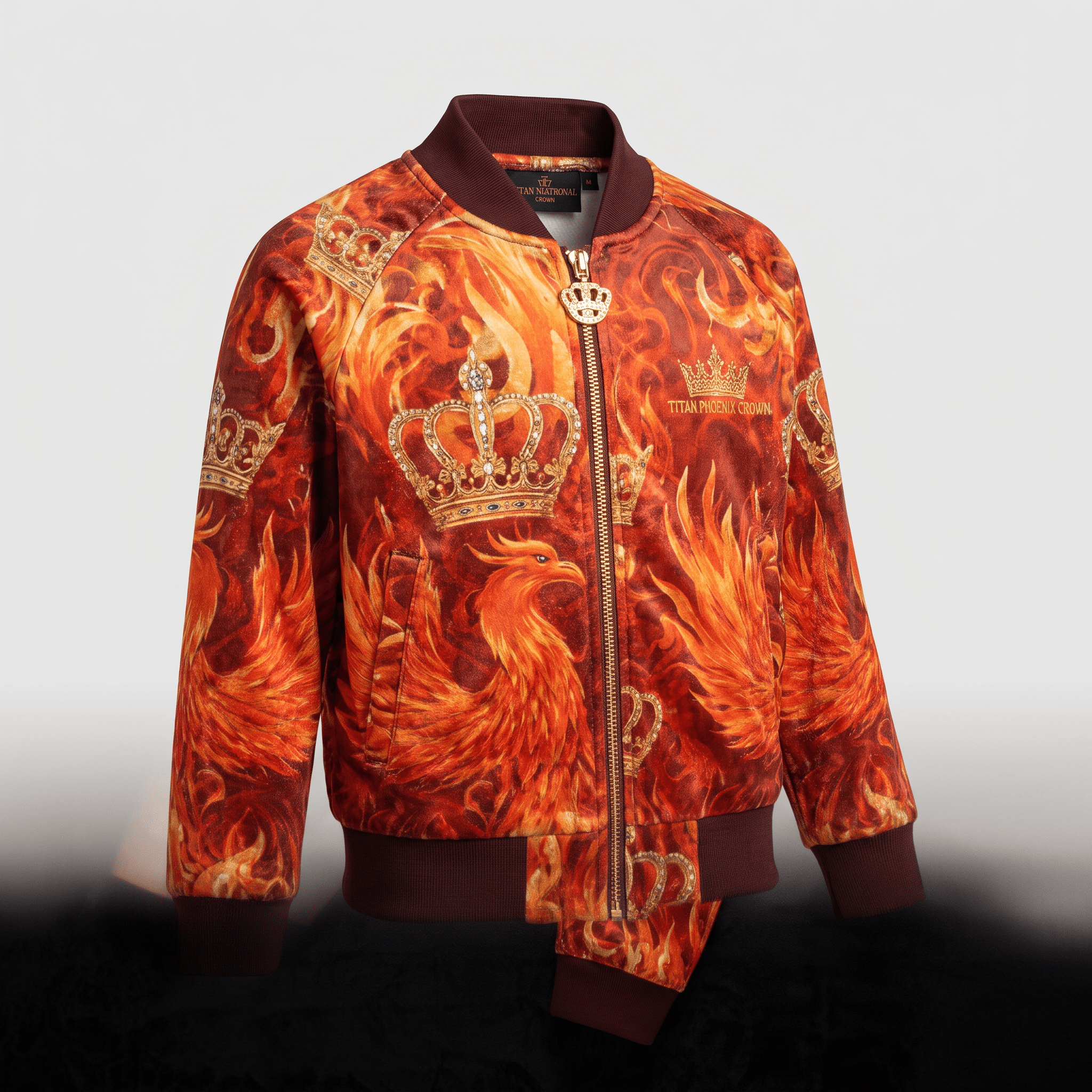 Red and orange bomber jacket featuring a phoenix and crown print with brown ribbed trim and a crown zipper pull.