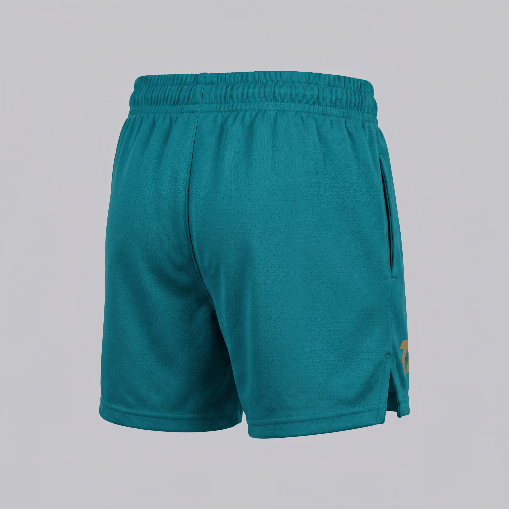 Teal athletic shorts seen from the back, featuring an elastic waistband and mesh fabric.