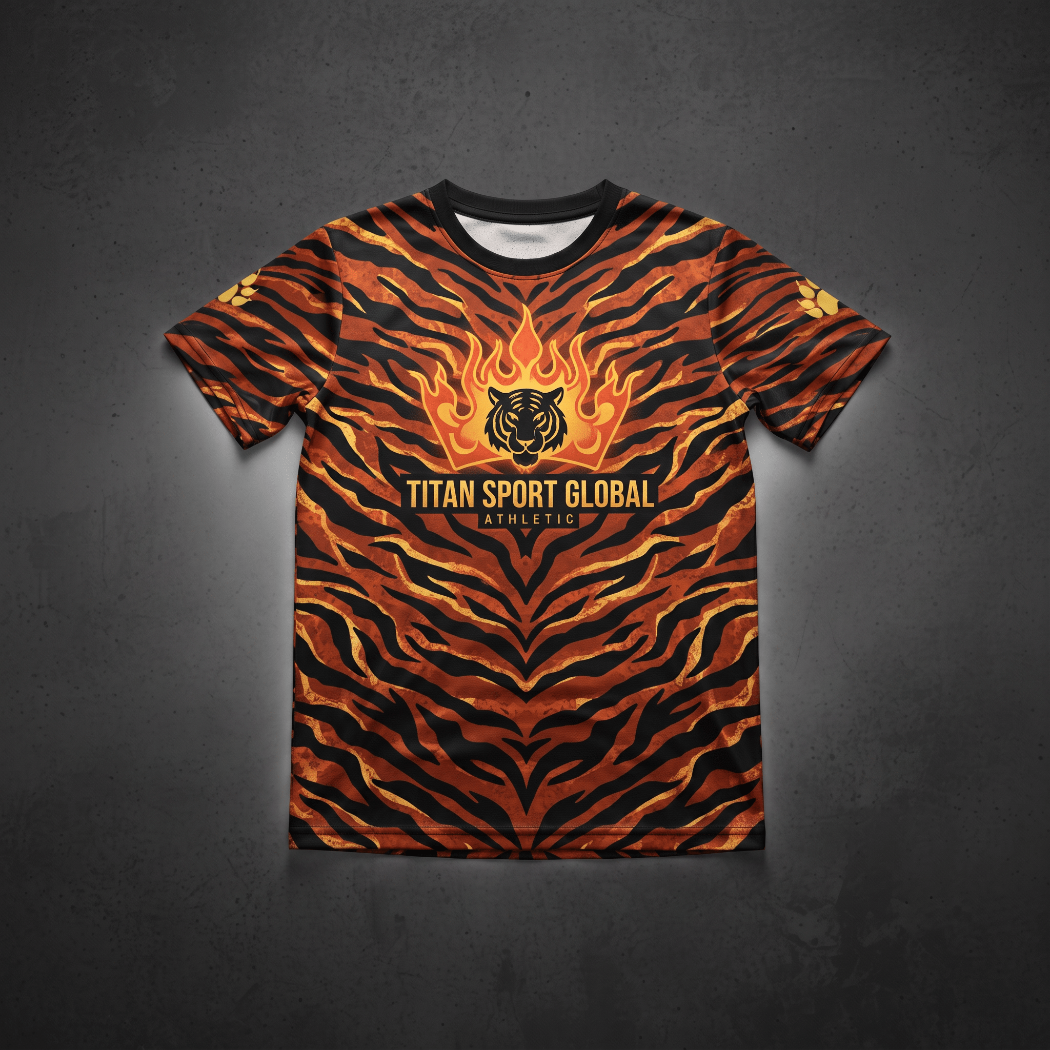 Orange and black tiger stripe t-shirt with Titan Sport Global Athletic tiger and flame logo.