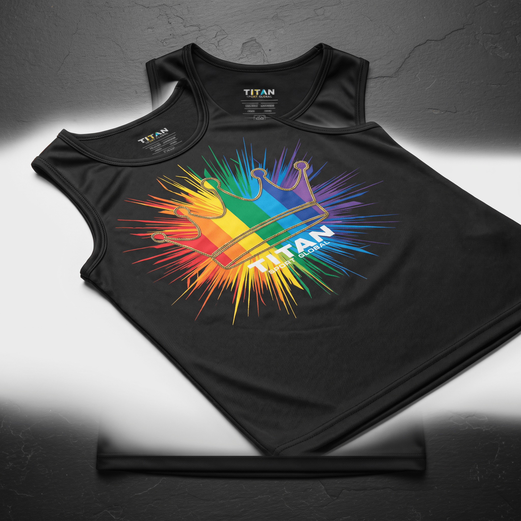 Black athletic tank top featuring a rainbow crown graphic and Titan Sport Global logo.