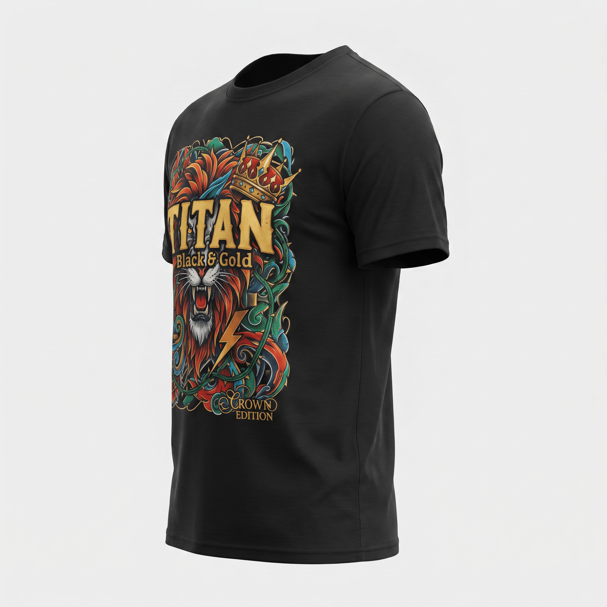 Black t-shirt featuring a colorful graphic of a roaring lion wearing a crown with Titan Black and Gold text.