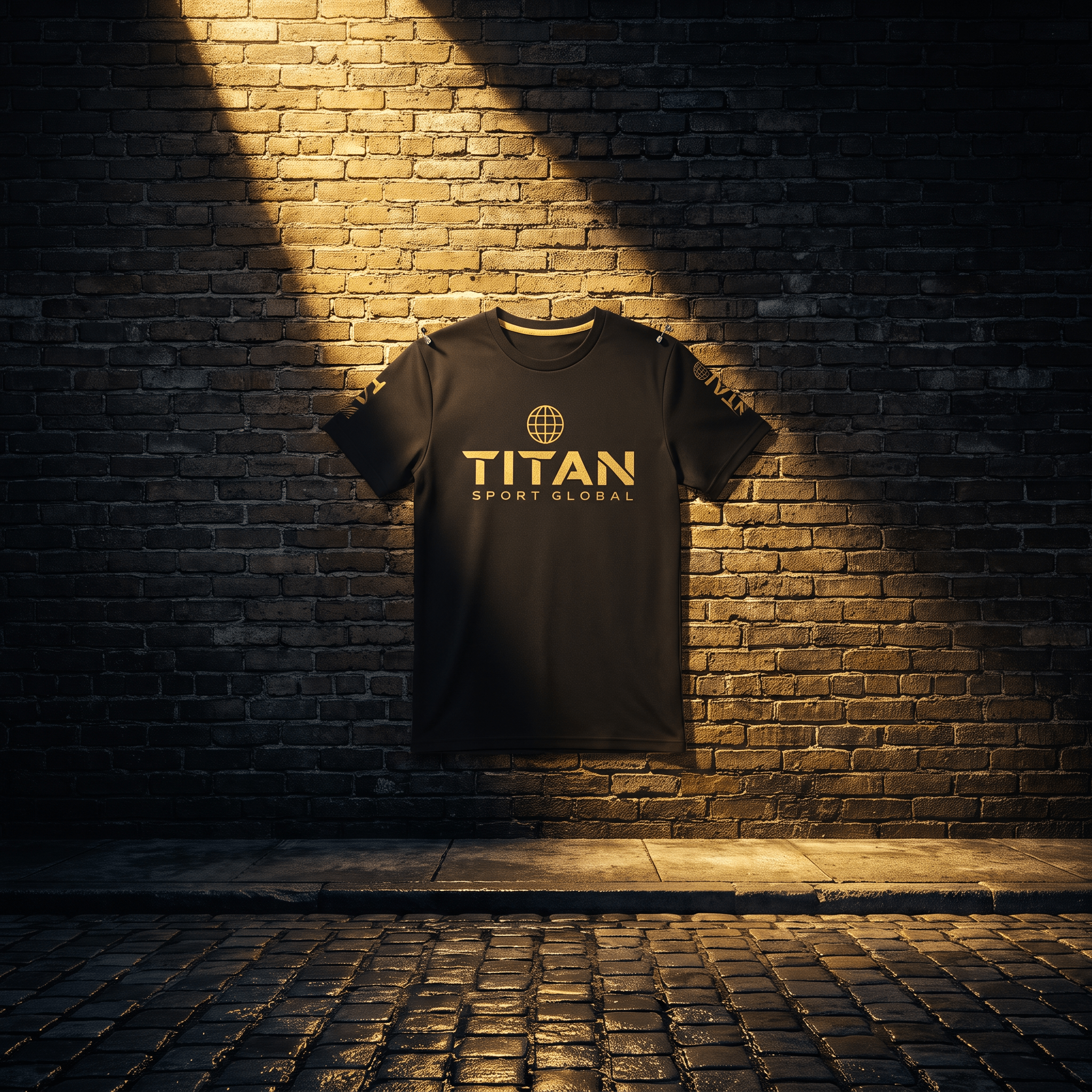 Black athletic t-shirt with gold "TITAN SPORT GLOBAL" logo, displayed against a dark brick wall under a spotlight.