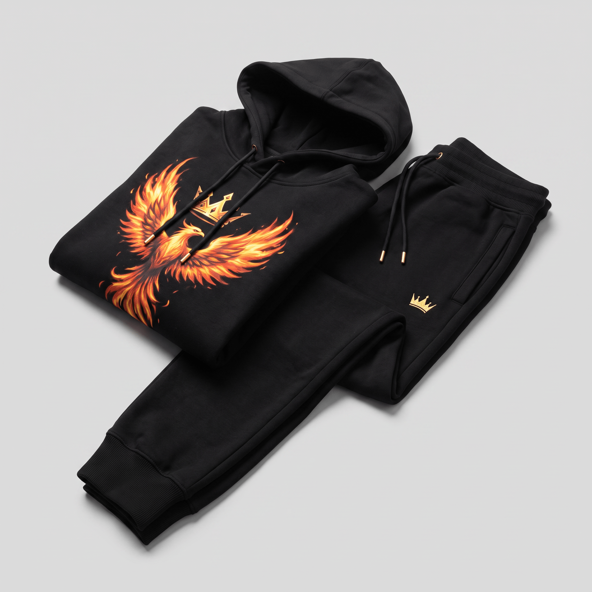 Black hoodie and joggers set with a flaming phoenix graphic and gold crown logo.