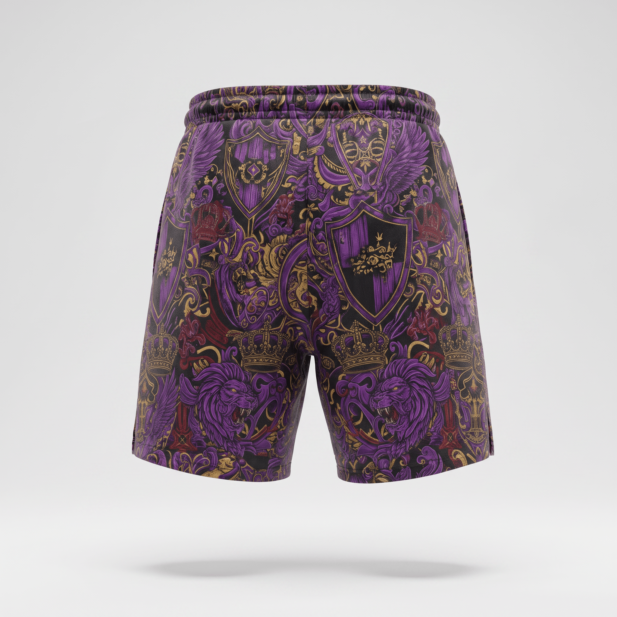 Purple and gold royal crest pattern athletic shorts viewed from the back.