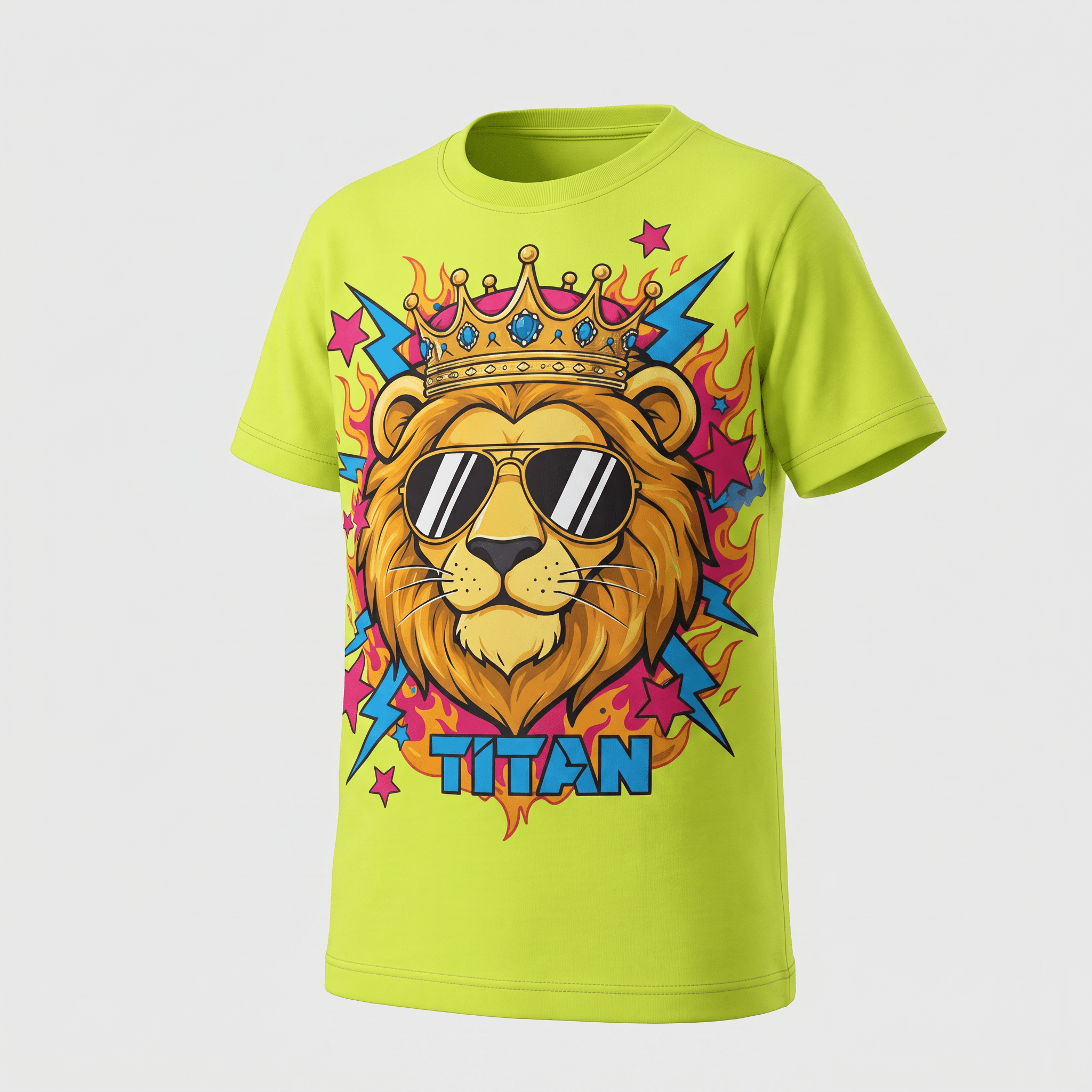 Lime green crewneck t-shirt featuring a graphic of a crowned lion wearing sunglasses with flames and stars.