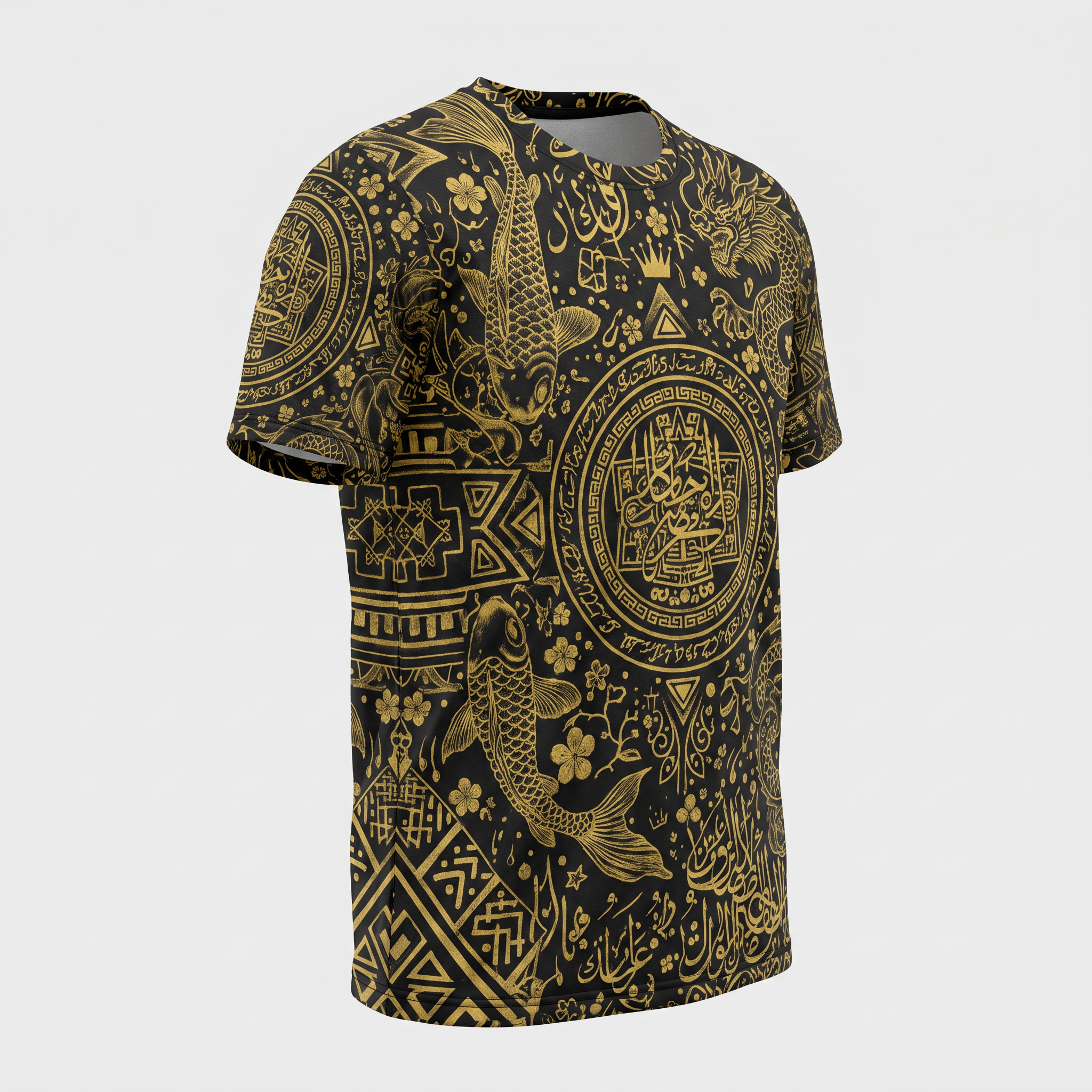Black t-shirt featuring an all-over gold graphic print with koi fish, dragons, and circular symbols.