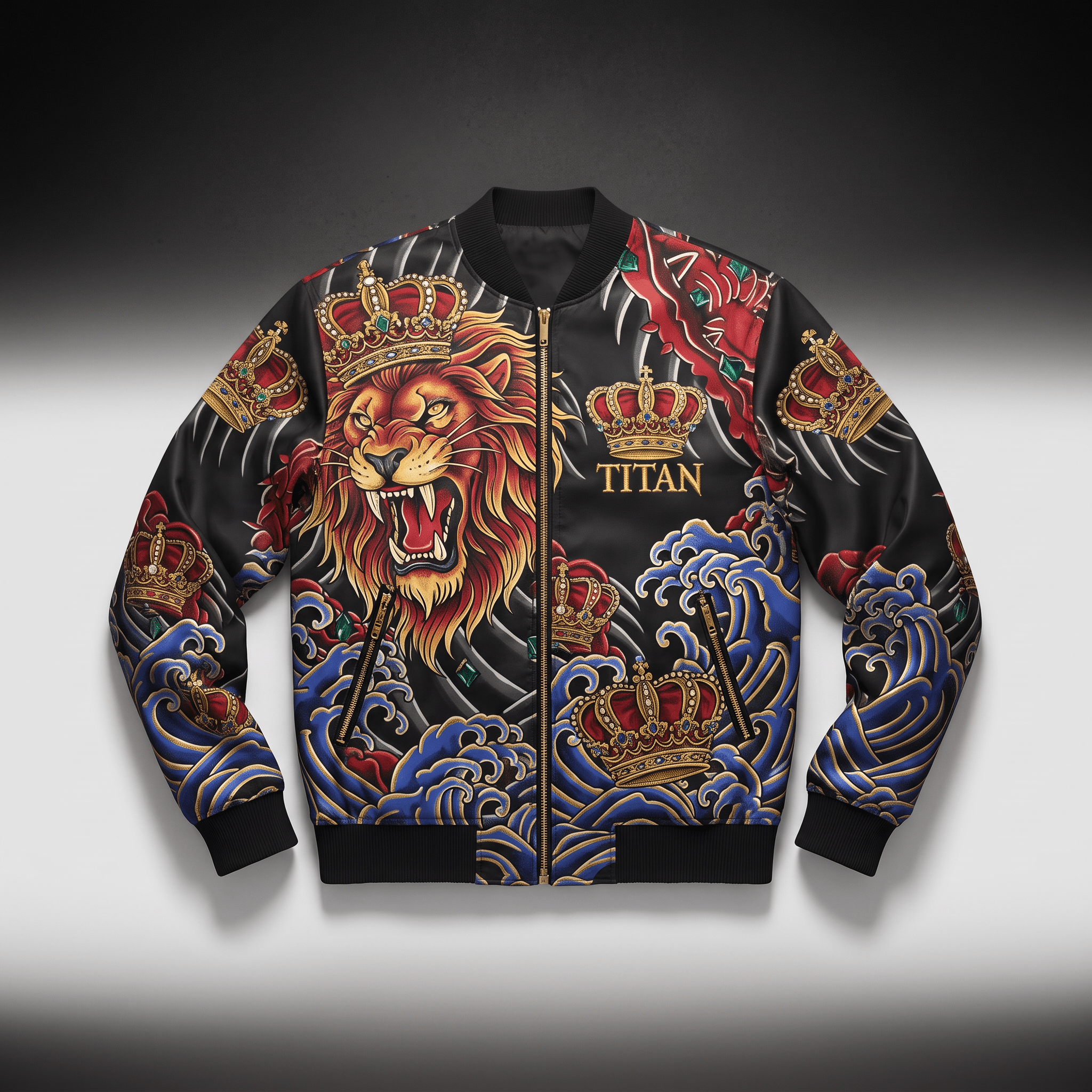 Black bomber jacket featuring a roaring lion graphic, ornate gold crowns, and blue waves.