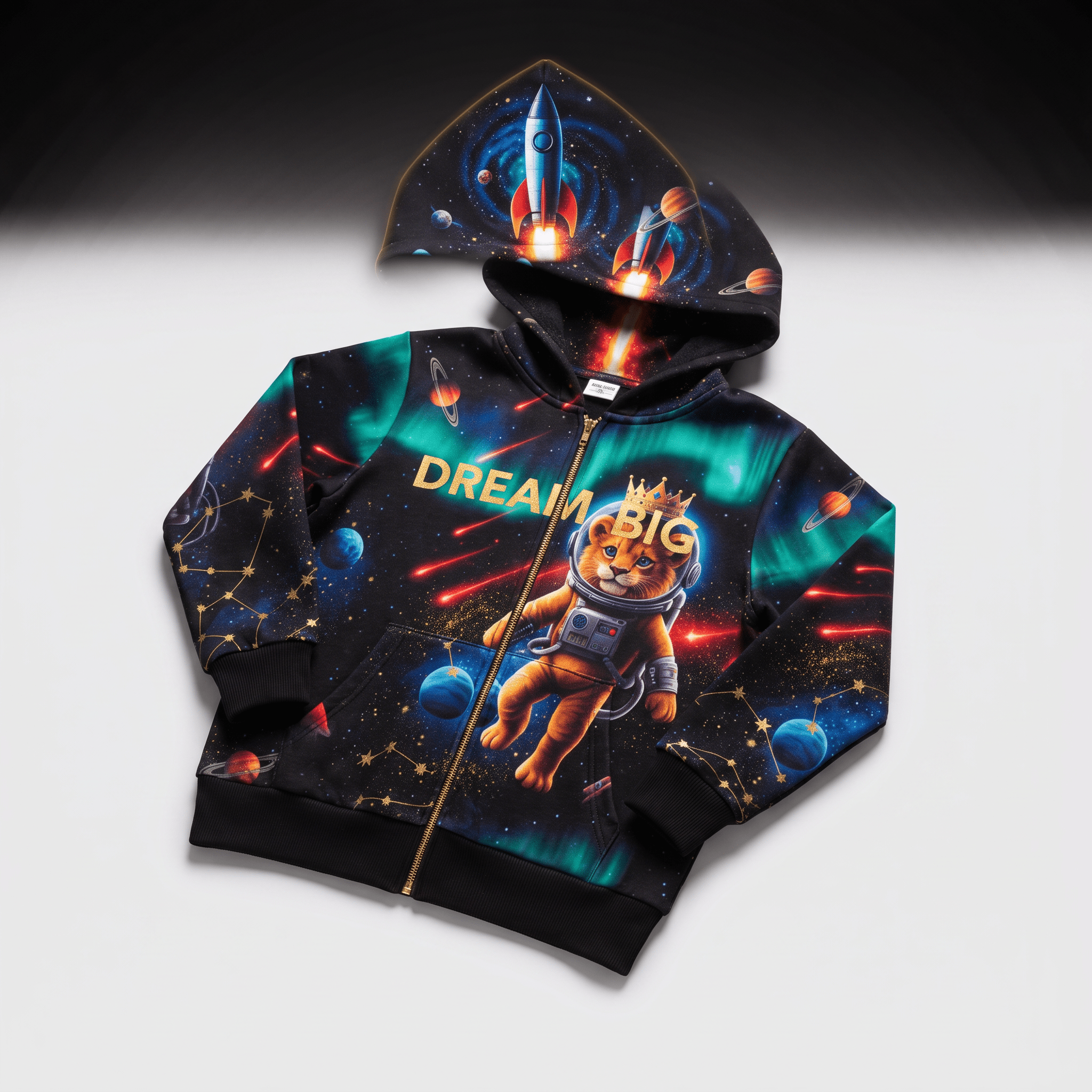 Black zip-up hoodie featuring a space print with a lion astronaut, planets, and the text dream big.