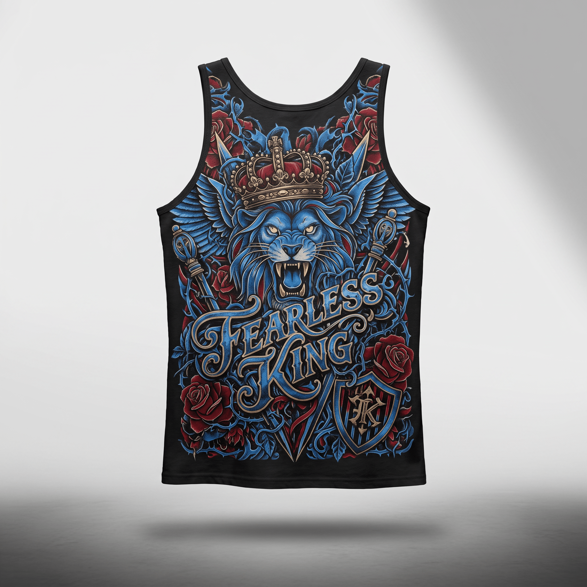 Black tank top featuring Fearless King graphic with blue lion, crown, and red roses.