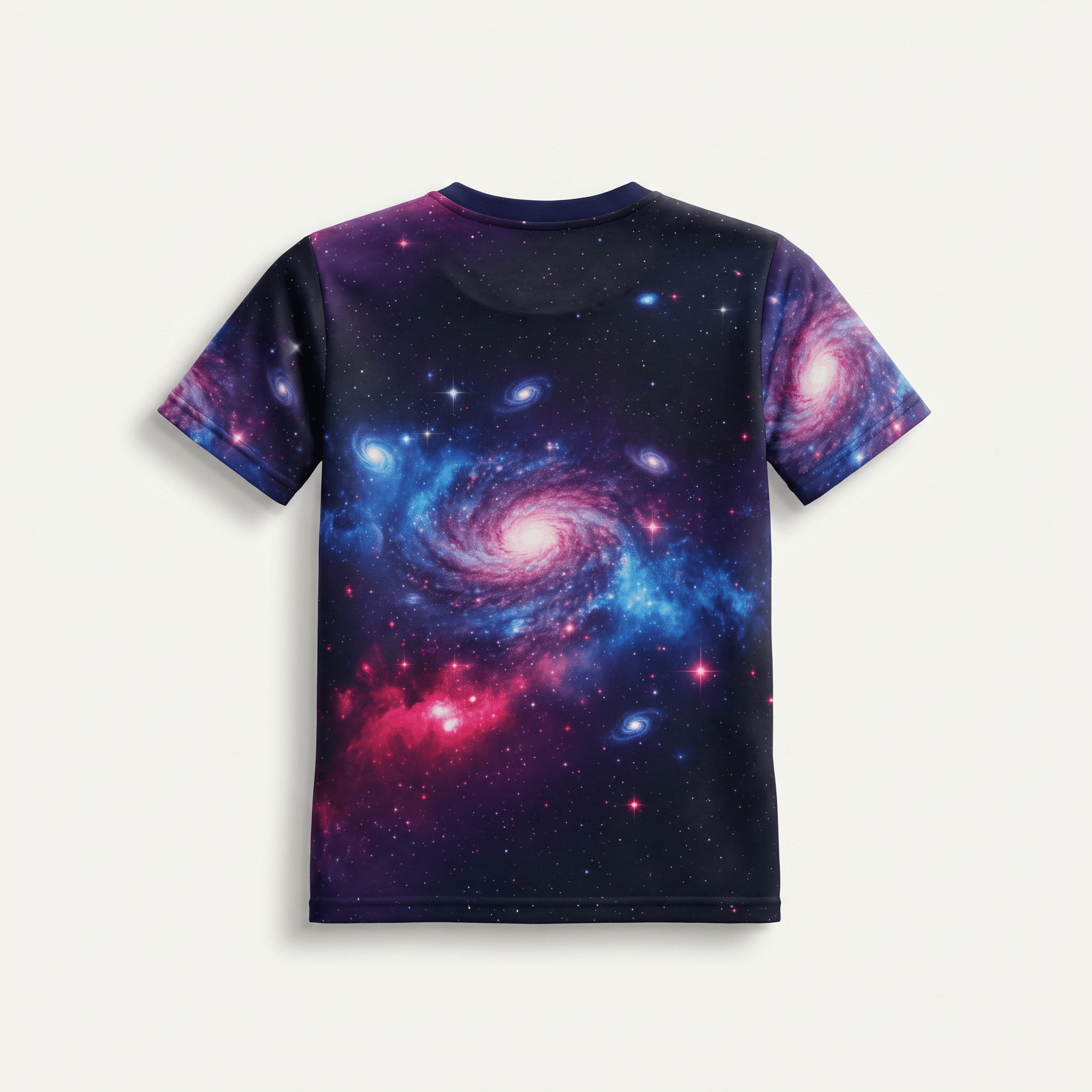 Back of short-sleeve crewneck t-shirt featuring a vibrant purple and blue galaxy space print with stars.