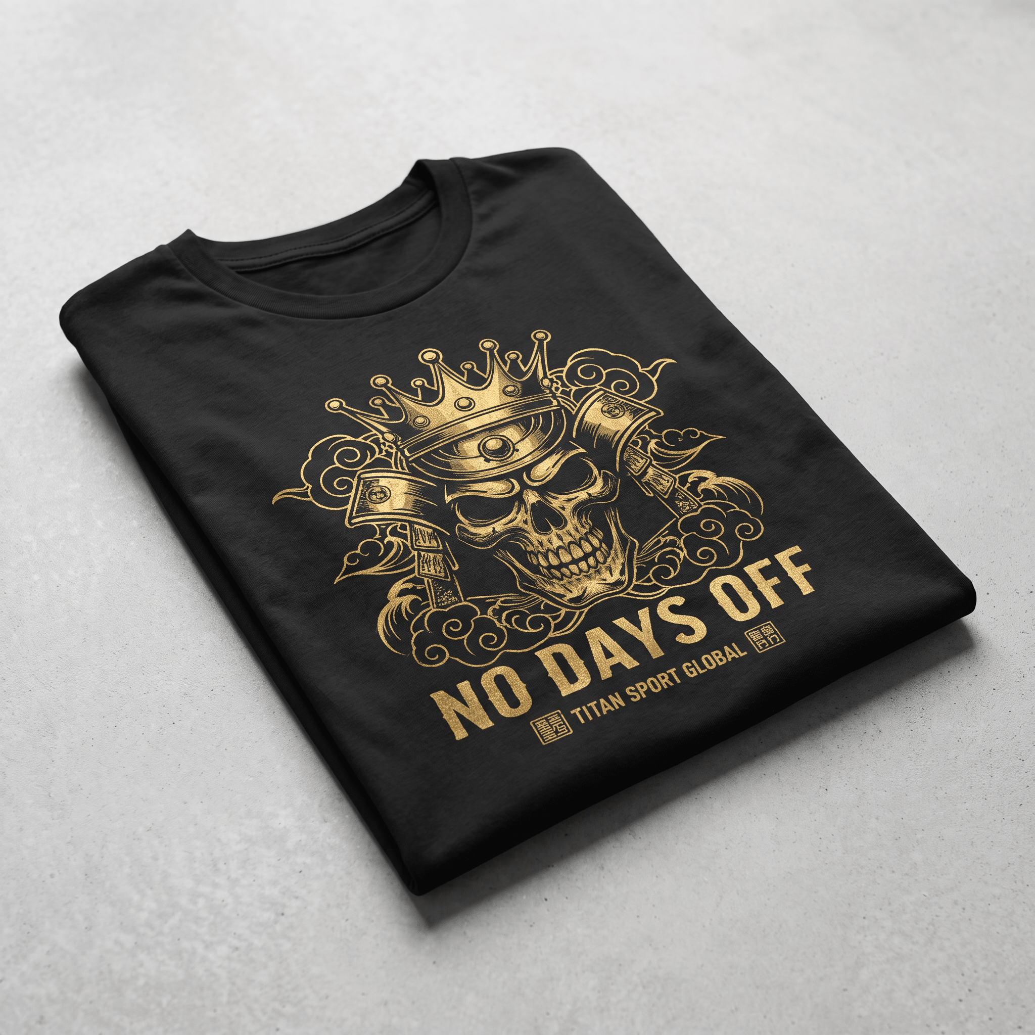 Folded black t-shirt with gold graphic of a crowned skull and No Days Off text.