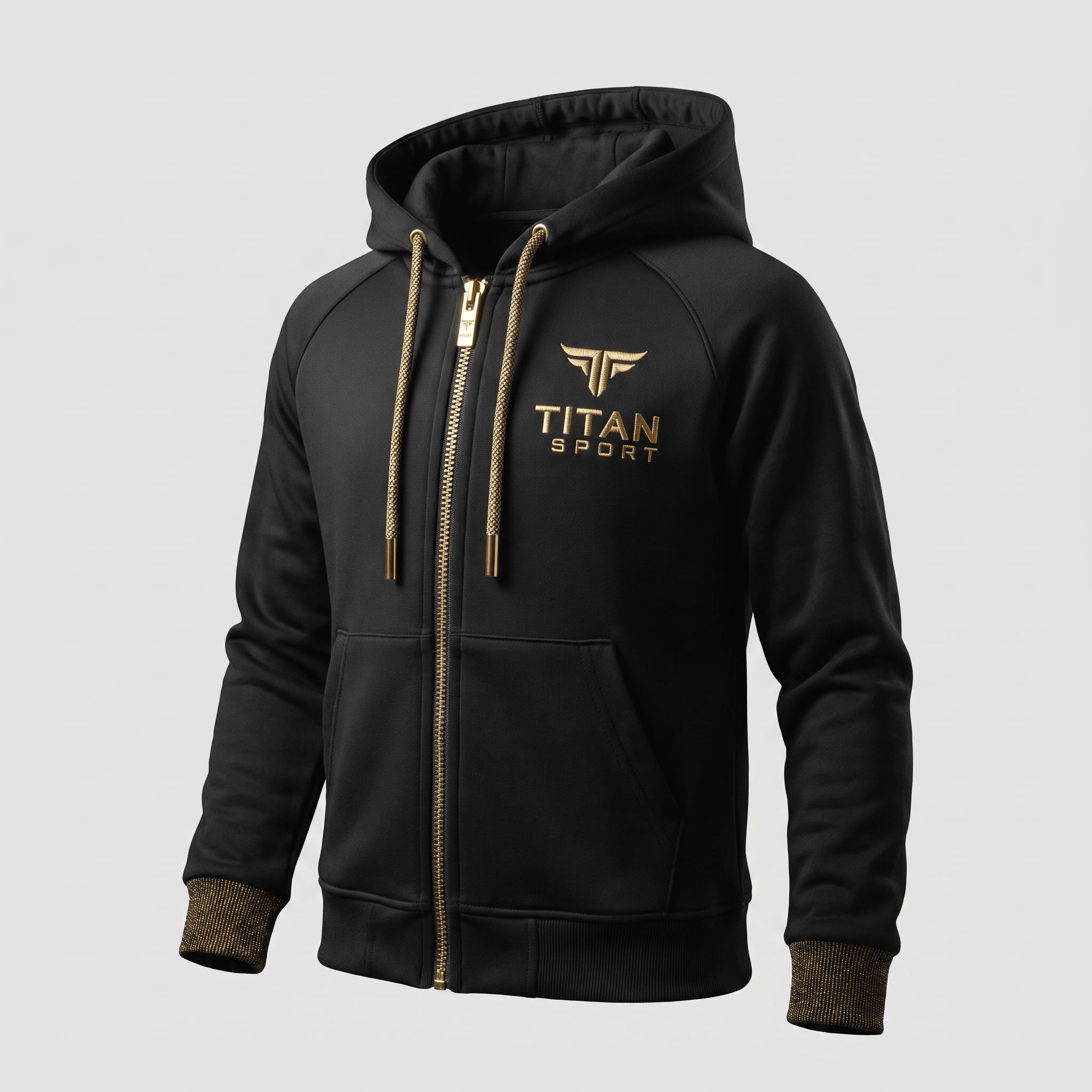 Black zip-up hoodie featuring gold Titan Sport logo, gold zipper, metallic drawstrings, and gold cuffs.